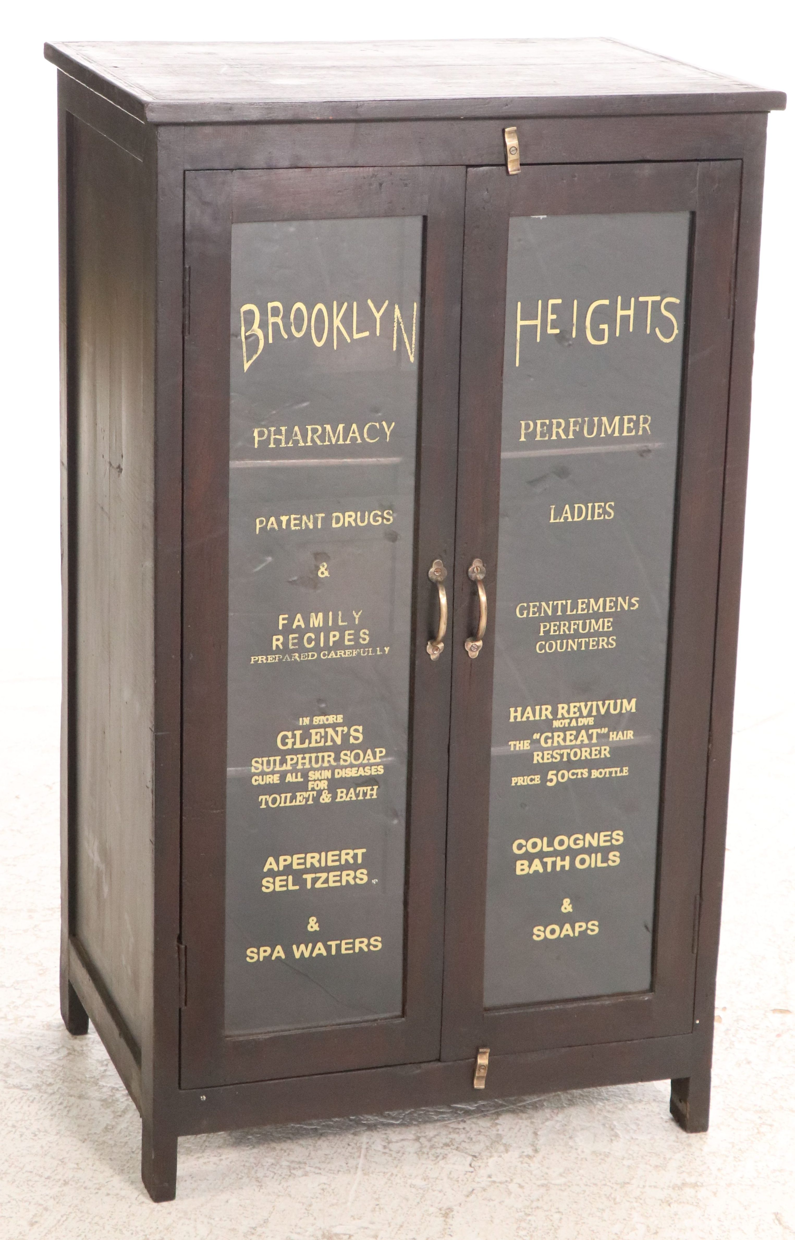 Painted Wooden Apothecary Cabinet with "Brooklyn Heights" Decal