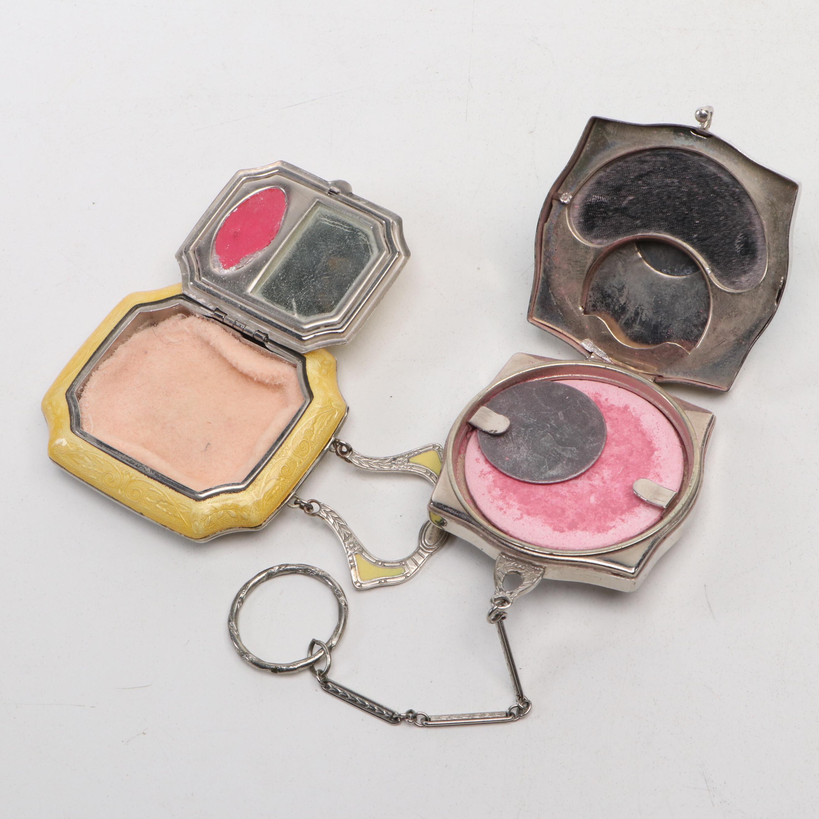 Art Deco Pendant Floral Guilloche Enamel Makeup Compacts
