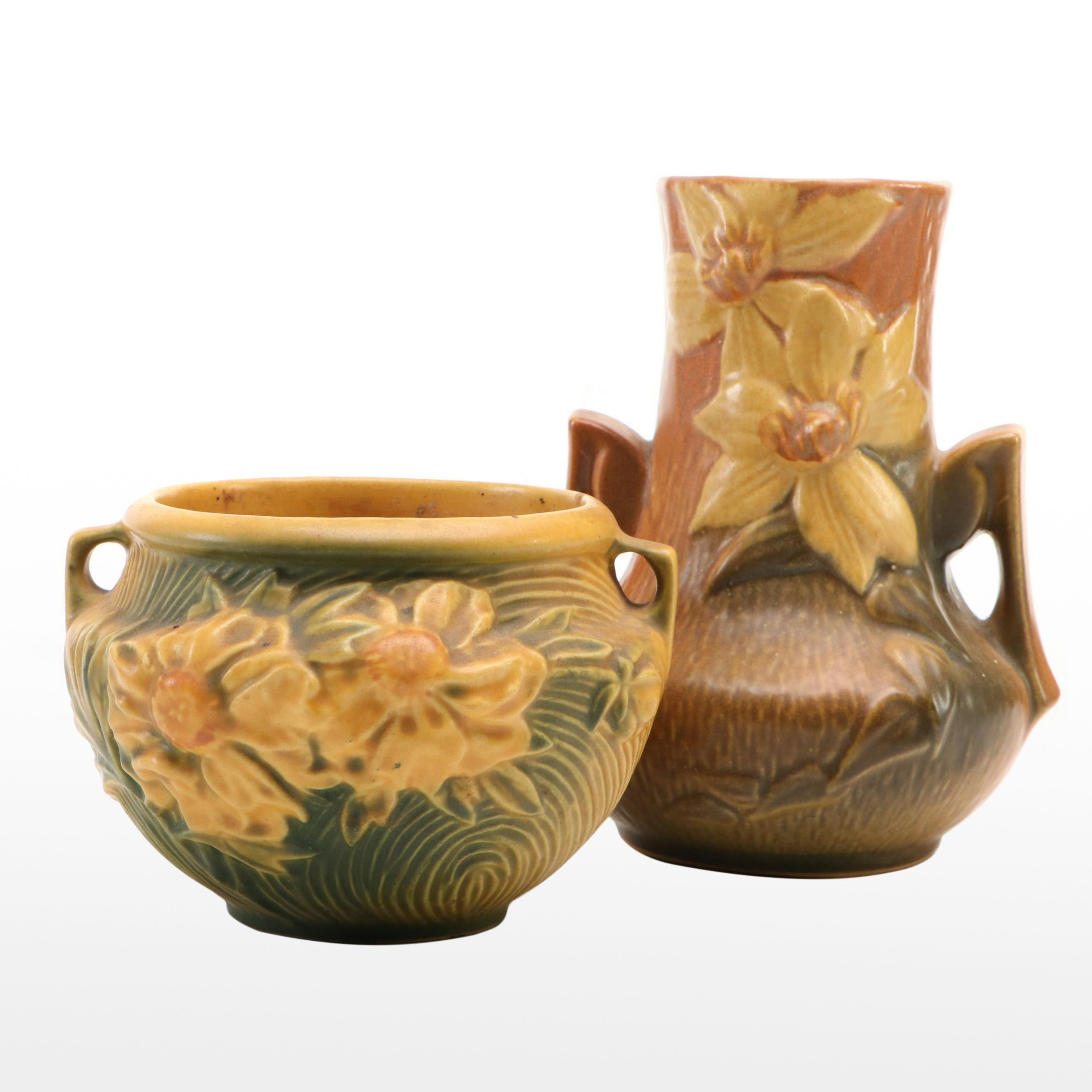 Roseville "Clematis Autumn" and "Peony Sienna" Brown Art Pottery, Mid-20th C.