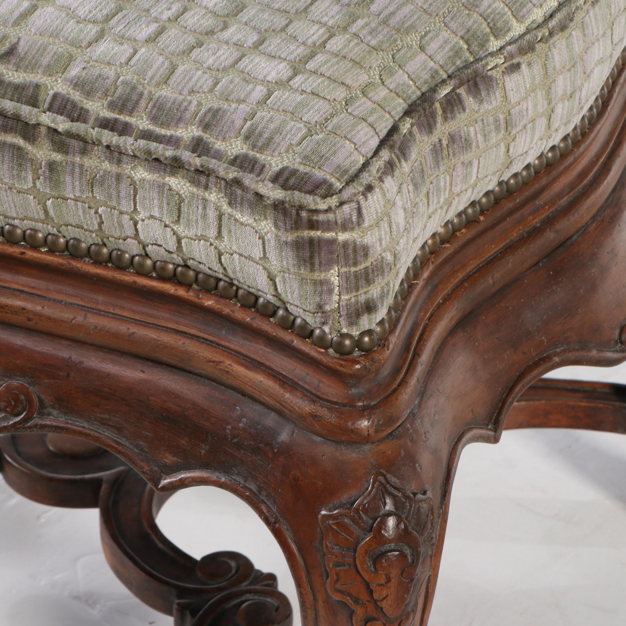 French Provincial Style Carved Wood Upholstered Footstool