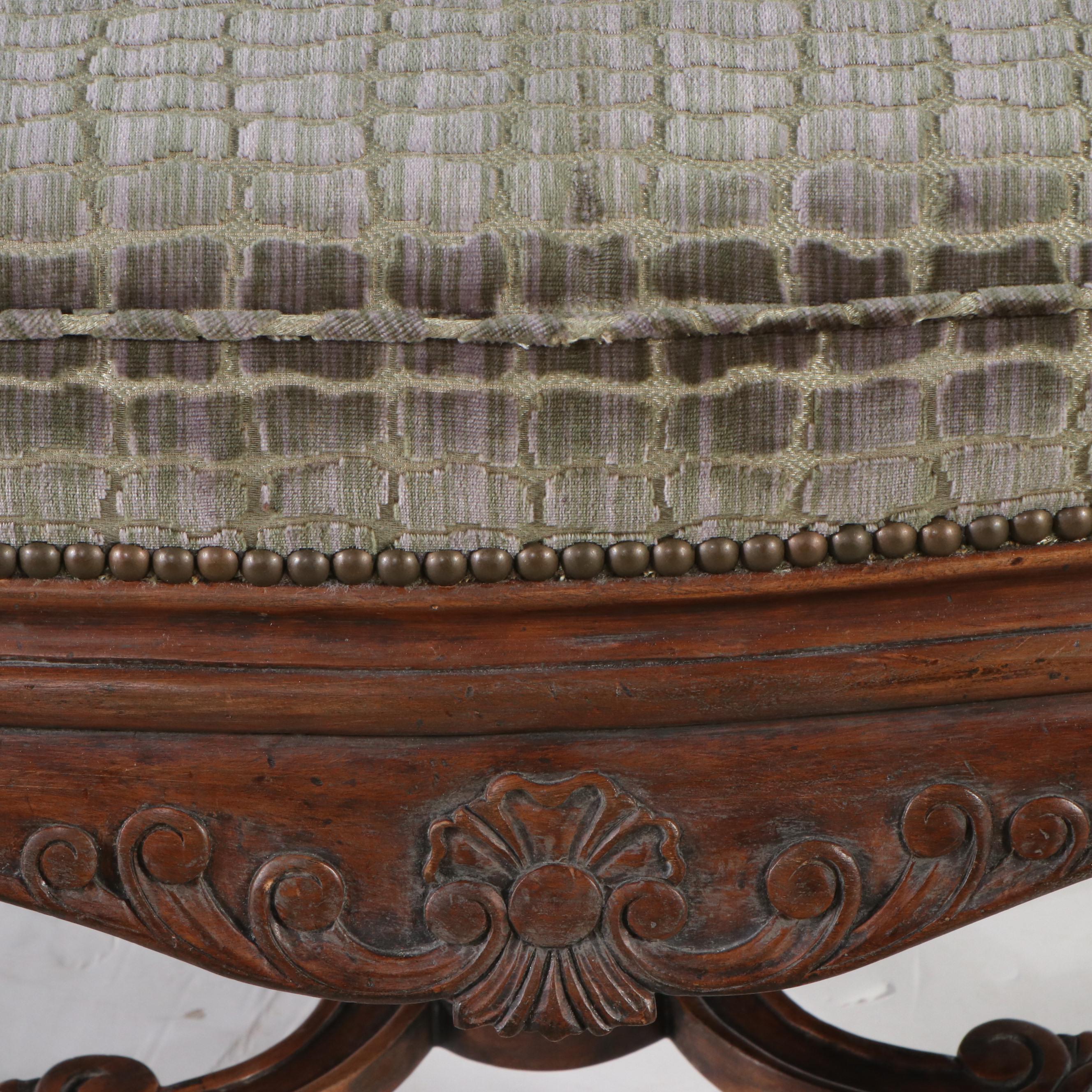 French Provincial Style Carved Wood Upholstered Footstool