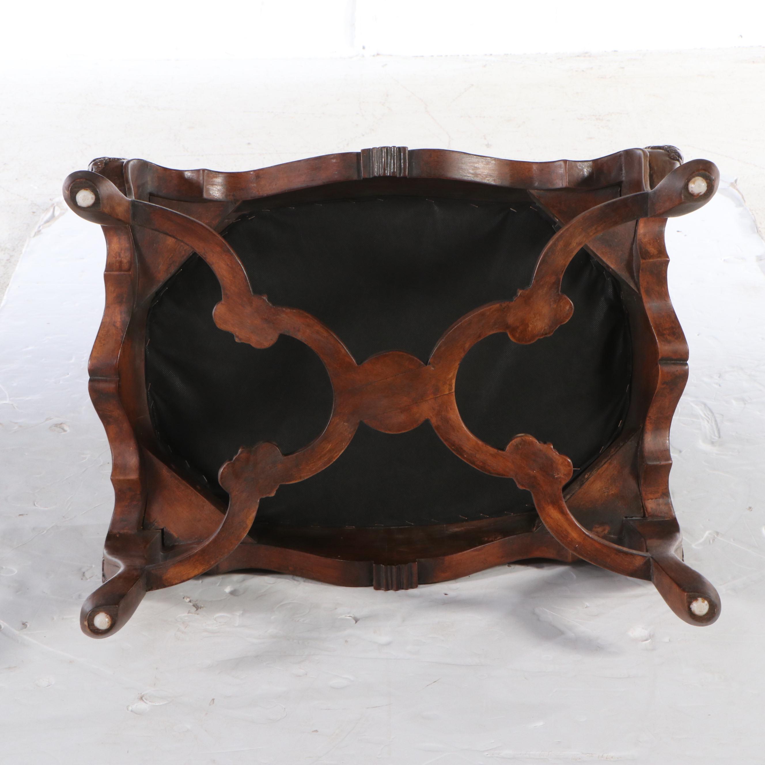 French Provincial Style Carved Wood Upholstered Footstool