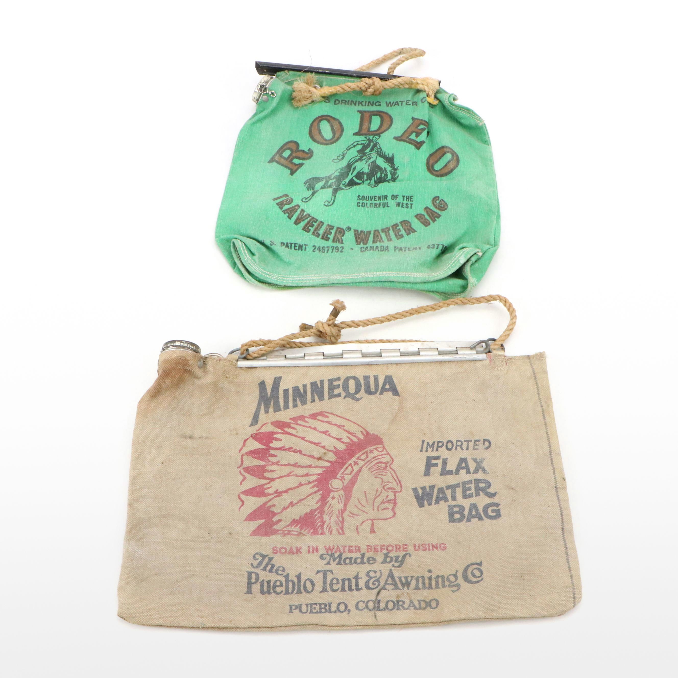 Pueblo Tent & Awning Co. Minnequa and Rodeo Travel Water Bags, Mid-20th Century