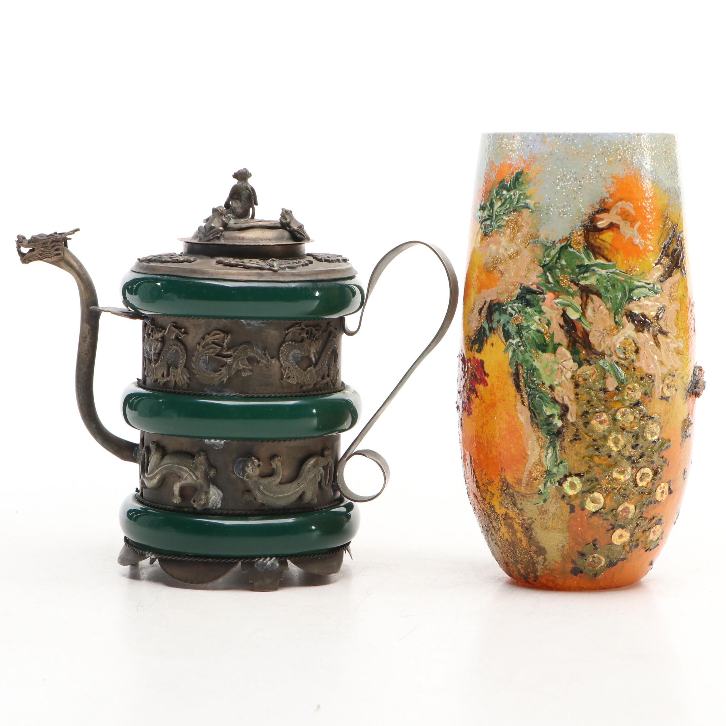 Chinese Tibet Metal and Glass Zodiac Teapot with Other Glass Vase, 20th Century