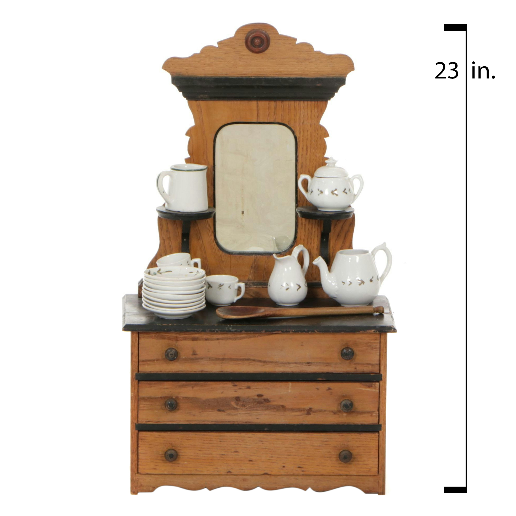 Wooden Doll Dresser with Miniature Tea Set and Dinnerware