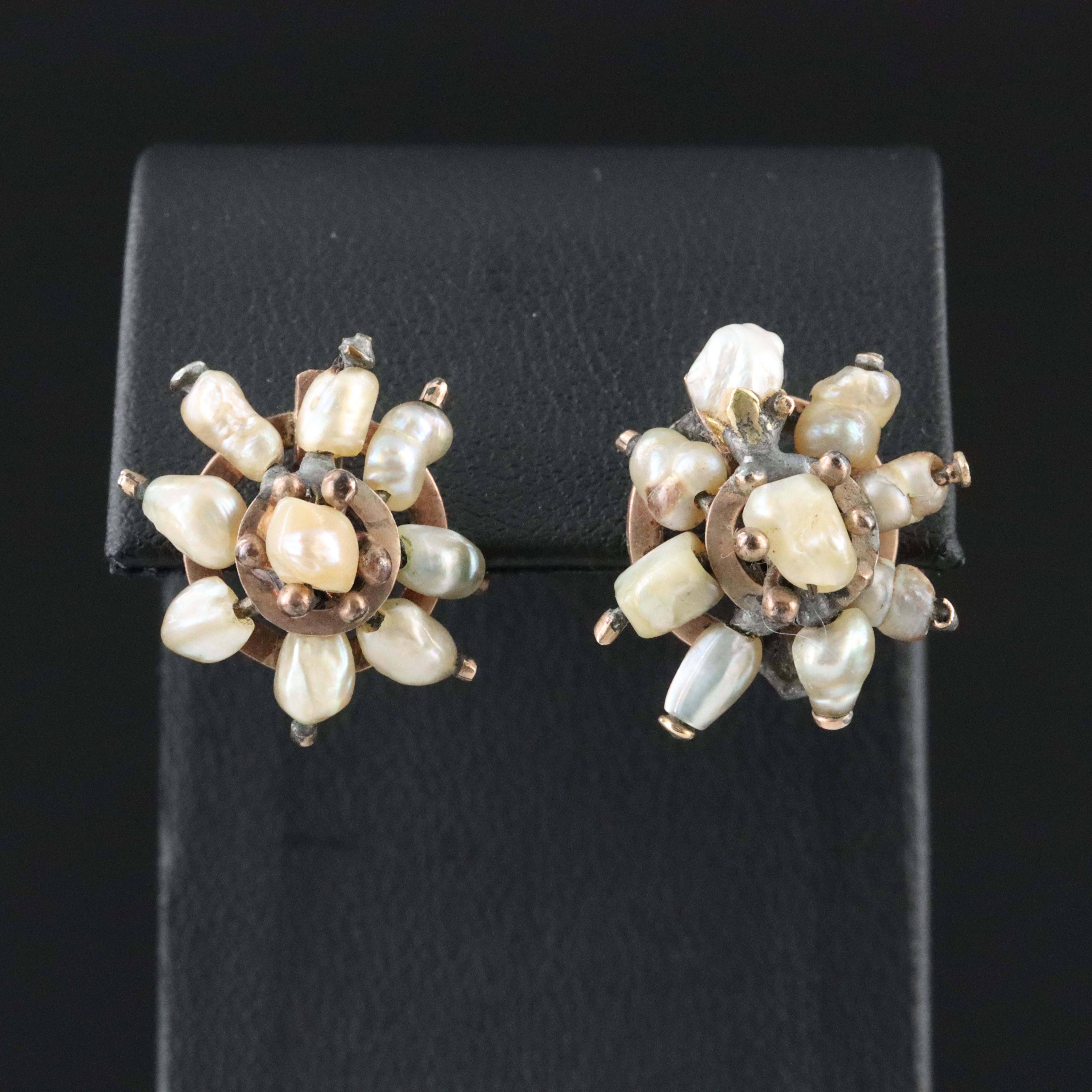 14K Seed Pearl Flower Earrings