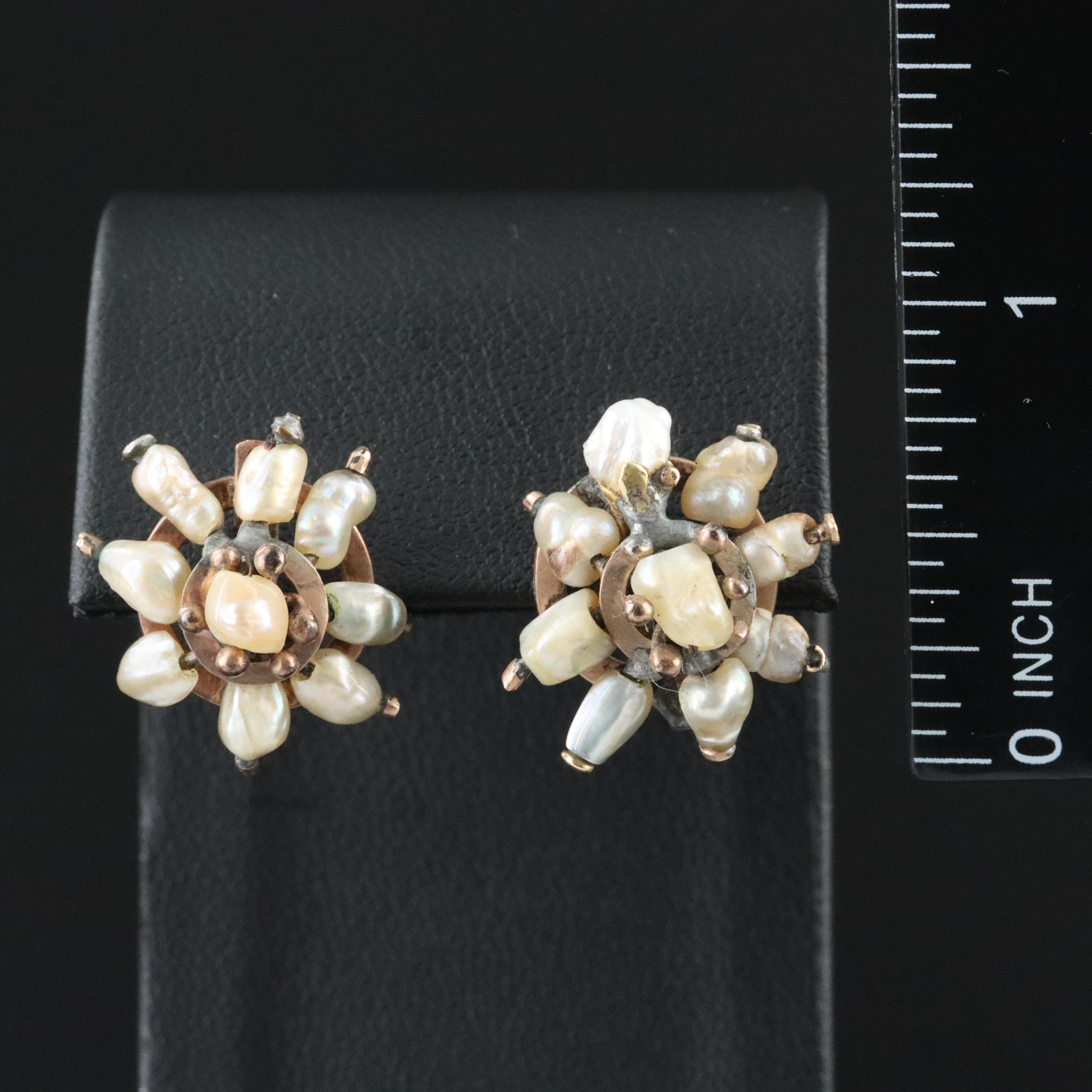 14K Seed Pearl Flower Earrings