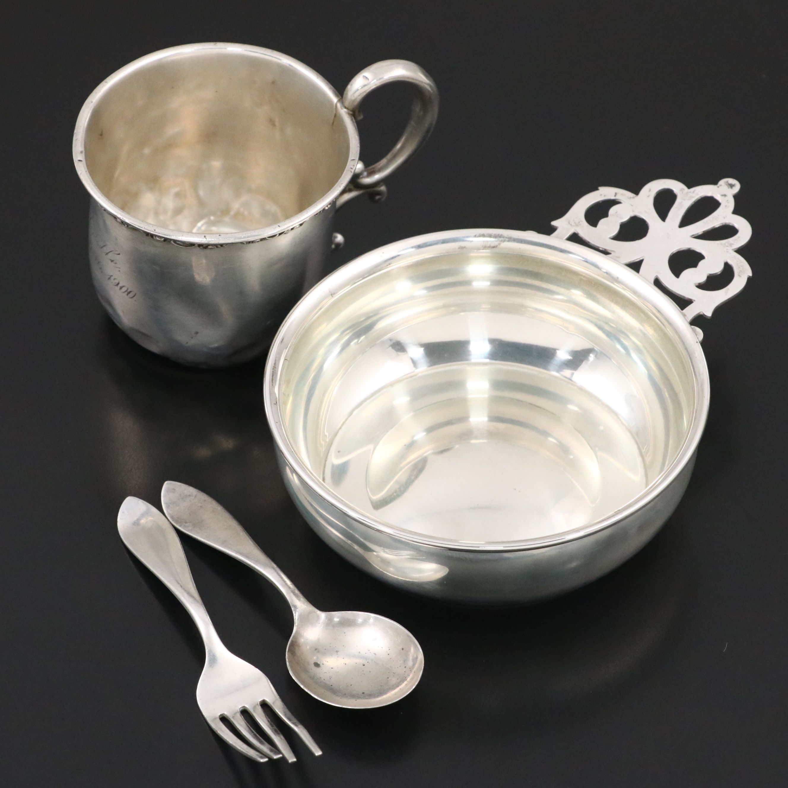 Web Sterling Silver Porringer with Shreve & Co. Cup and Other Fork and Spoon