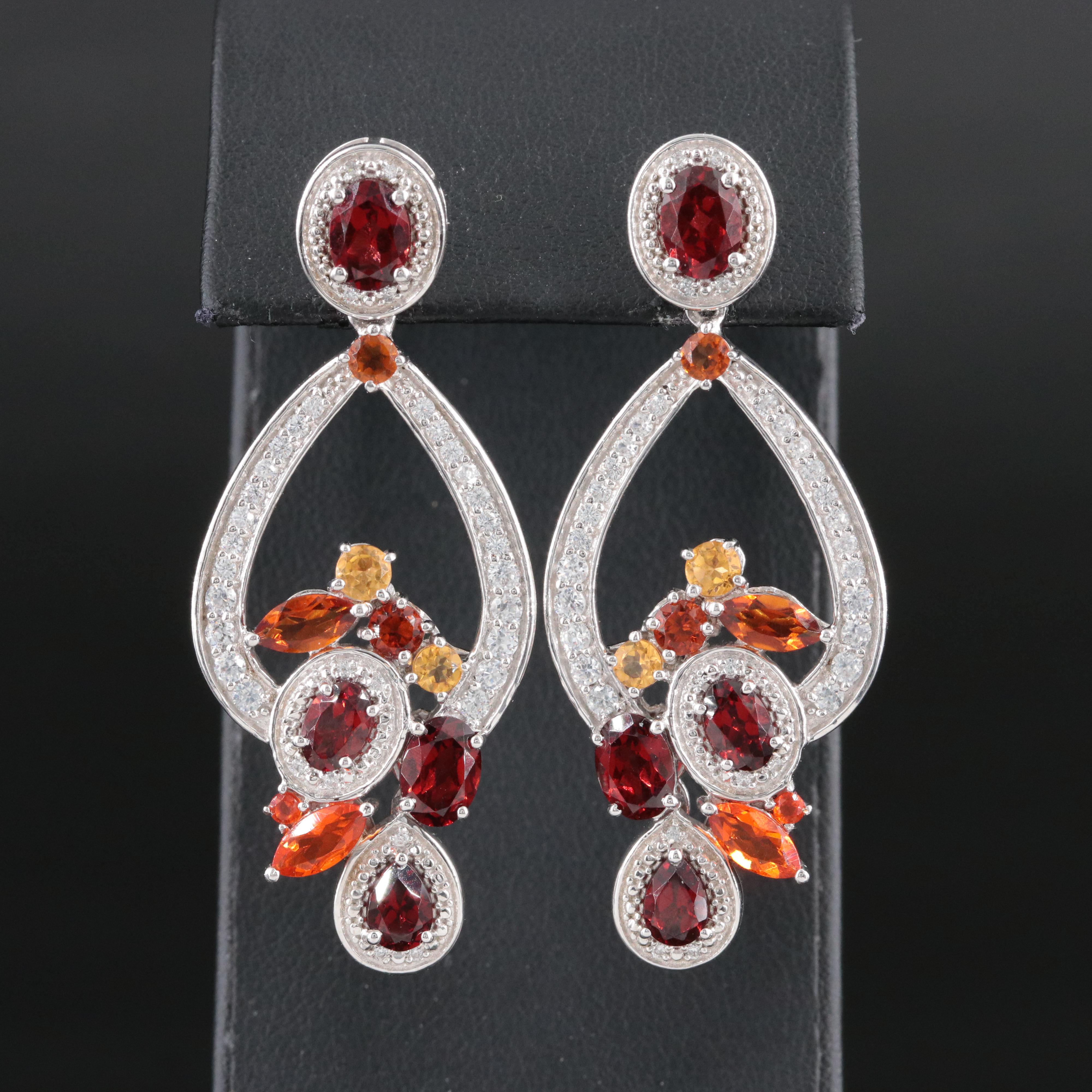 Sterling Garnet, Citrine and White Topaz Chandelier Earrings