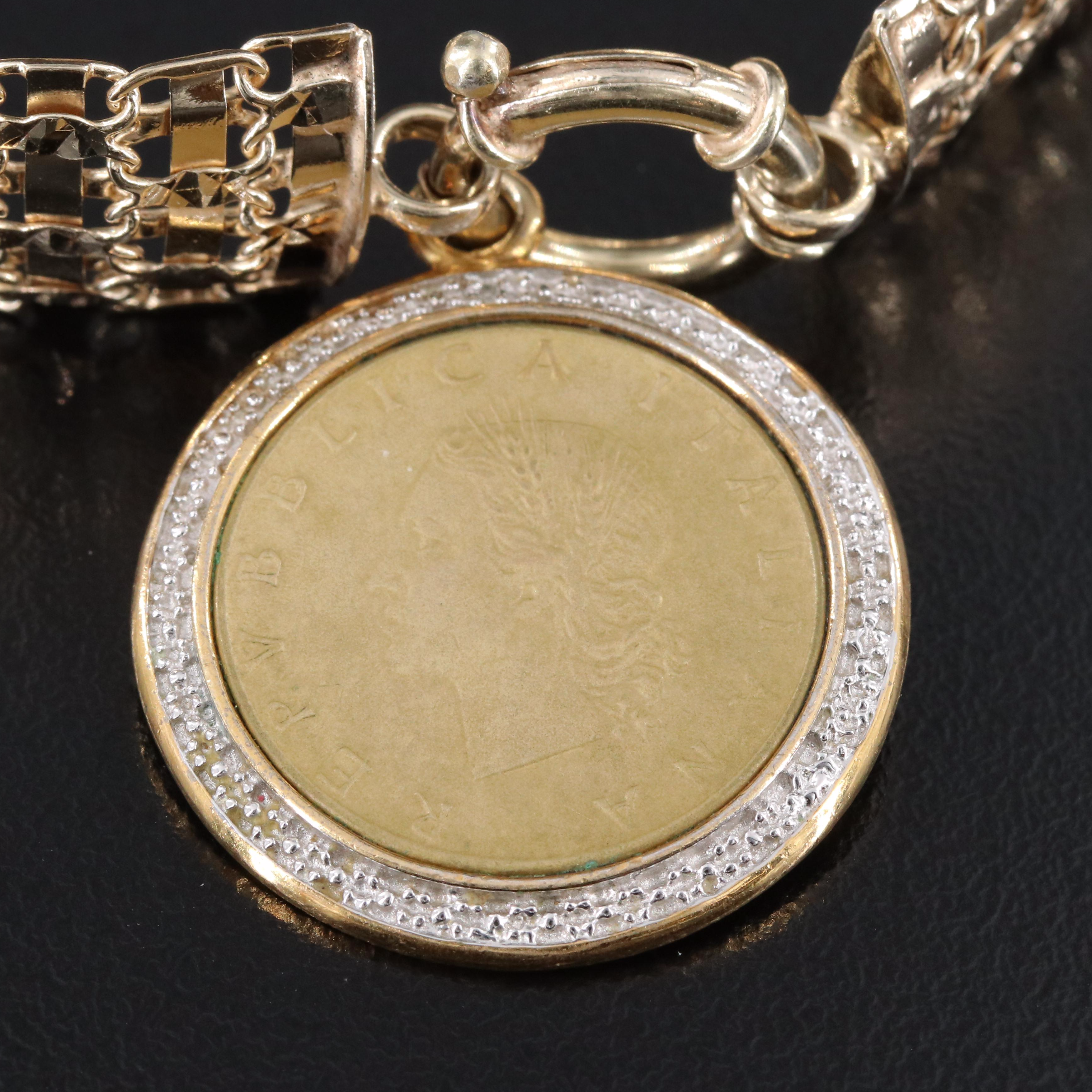 Sterling Bracelets with Diamond Accents and 1990 Italian 20 Lire Coin