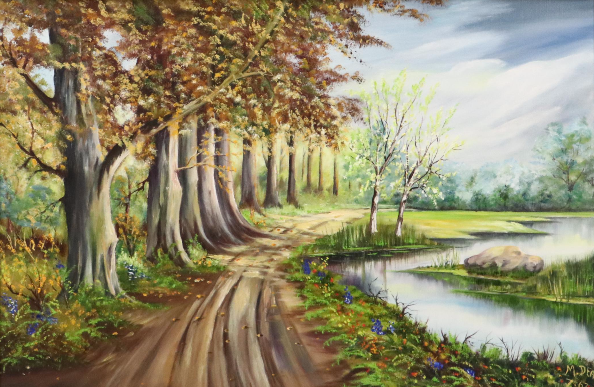 M. Deal Landscape Oil Painting of Tree Lined Dirt Road and Stream, 1967