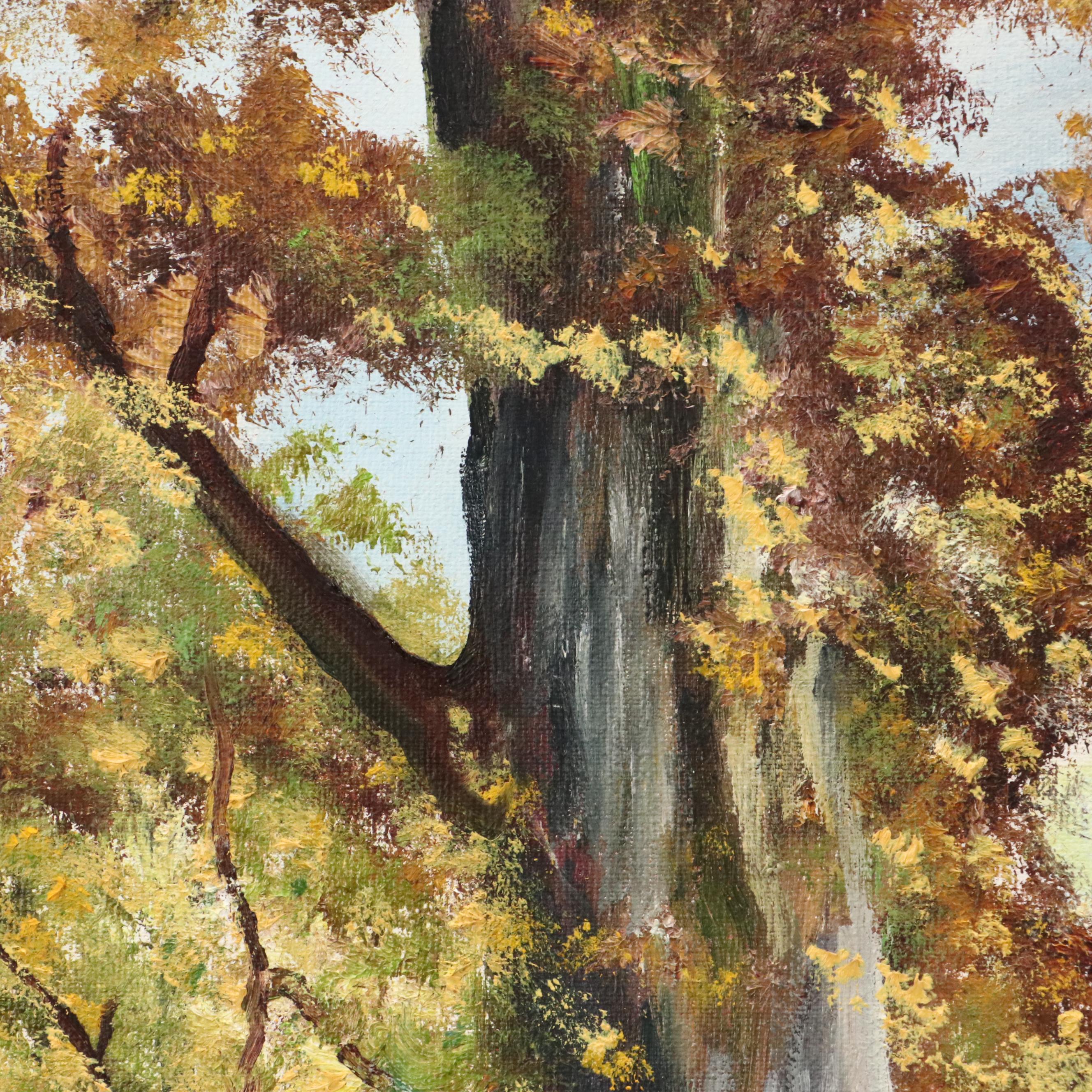 M. Deal Landscape Oil Painting of Tree Lined Dirt Road and Stream, 1967