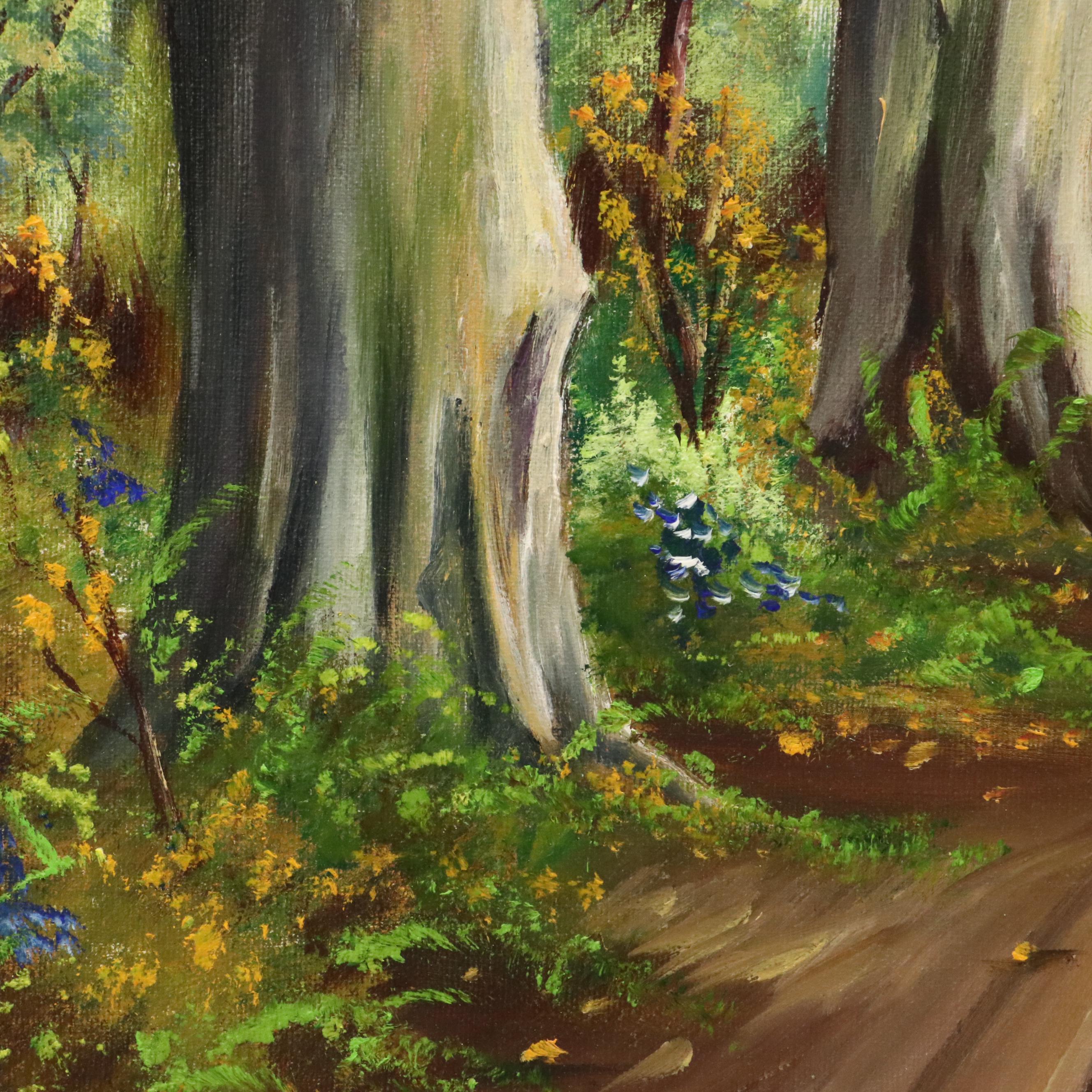 M. Deal Landscape Oil Painting of Tree Lined Dirt Road and Stream, 1967