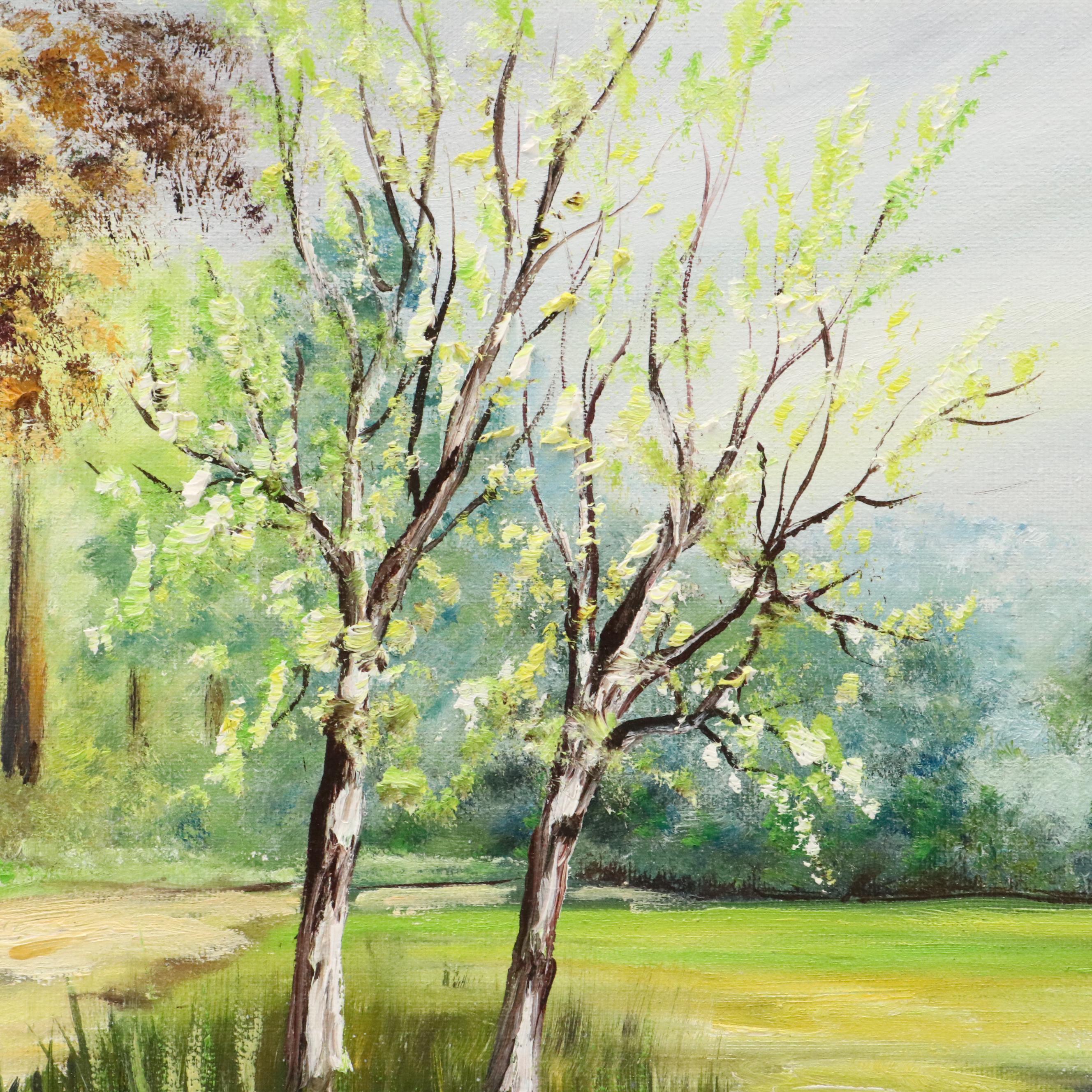 M. Deal Landscape Oil Painting of Tree Lined Dirt Road and Stream, 1967