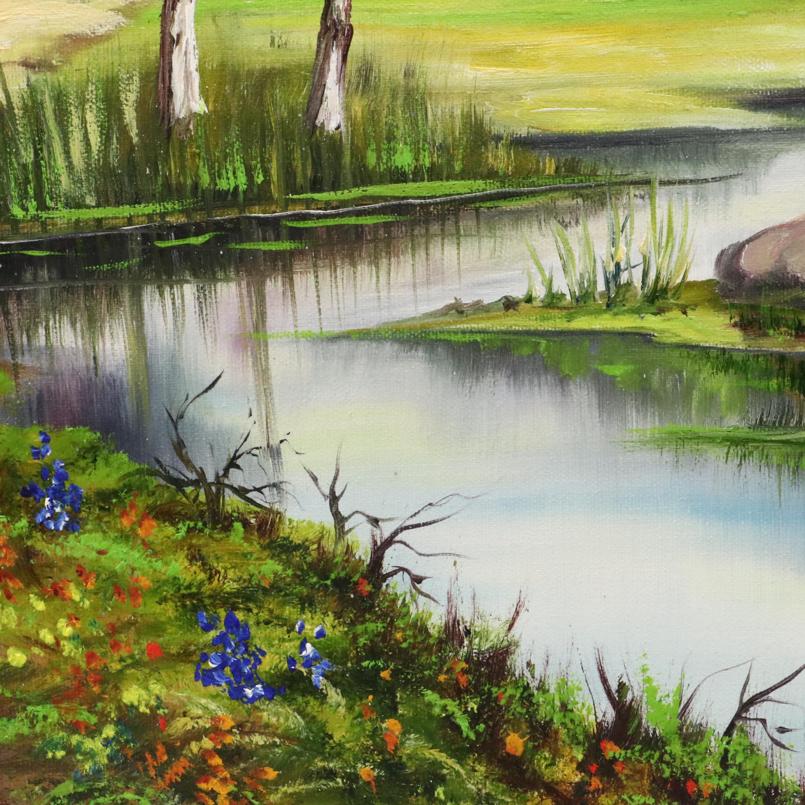 M. Deal Landscape Oil Painting of Tree Lined Dirt Road and Stream, 1967