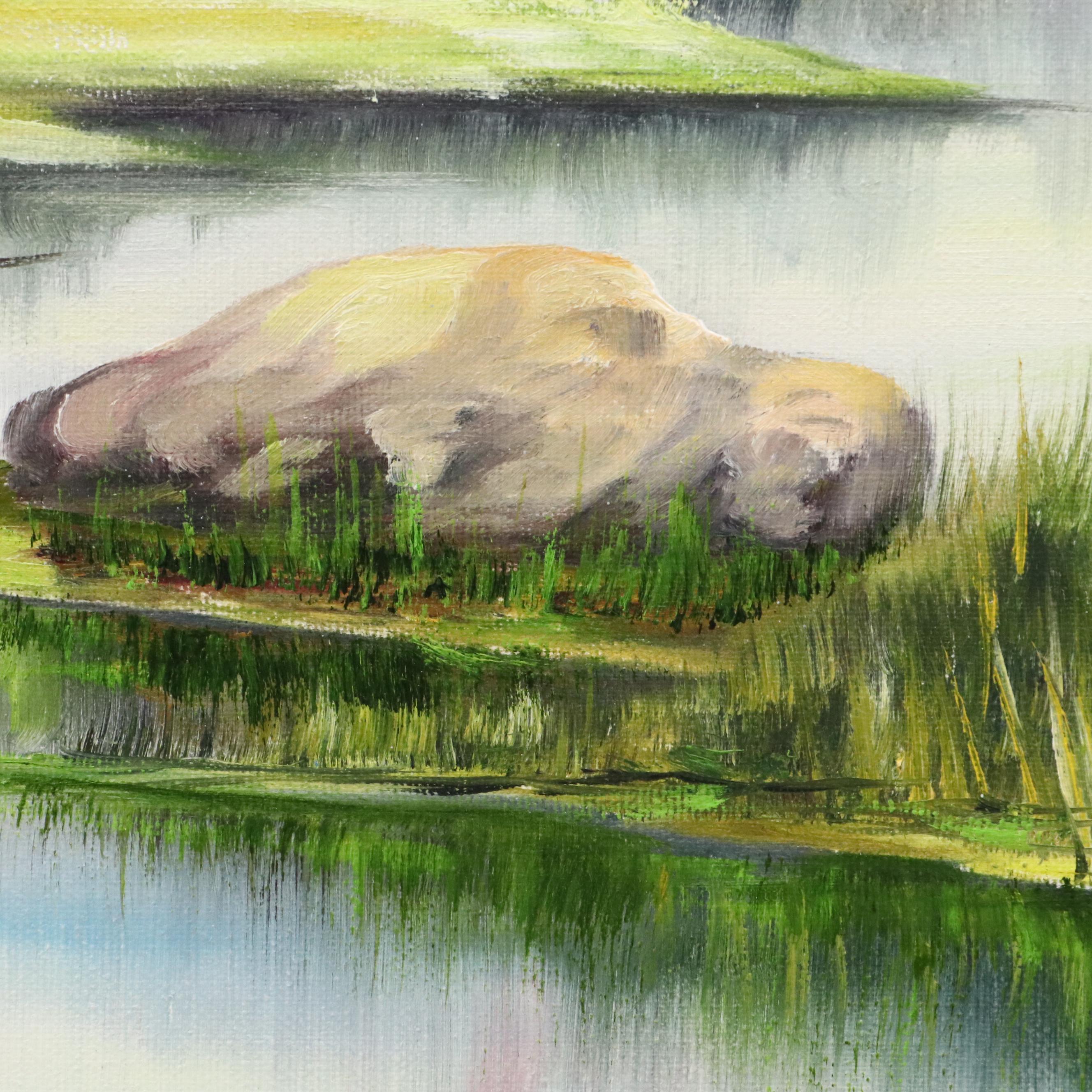 M. Deal Landscape Oil Painting of Tree Lined Dirt Road and Stream, 1967