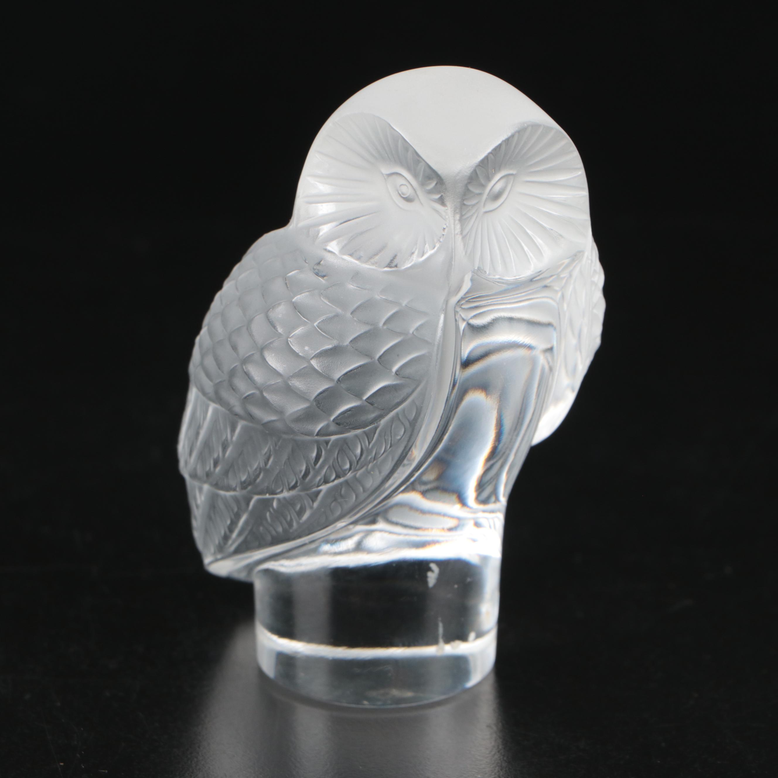 Lalique "Chouette" Frosted and Clear Crystal Owl Paperweight