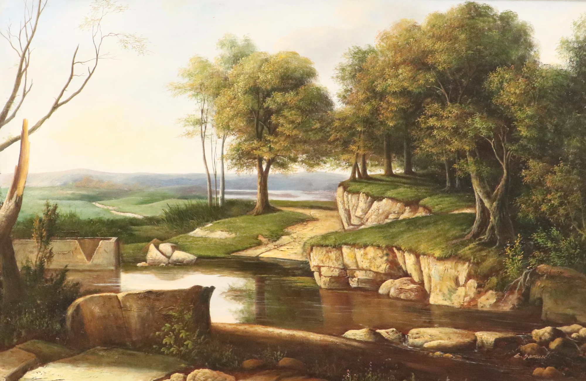 E. Samuel Landscape Oil Painting of Pond with Rubble