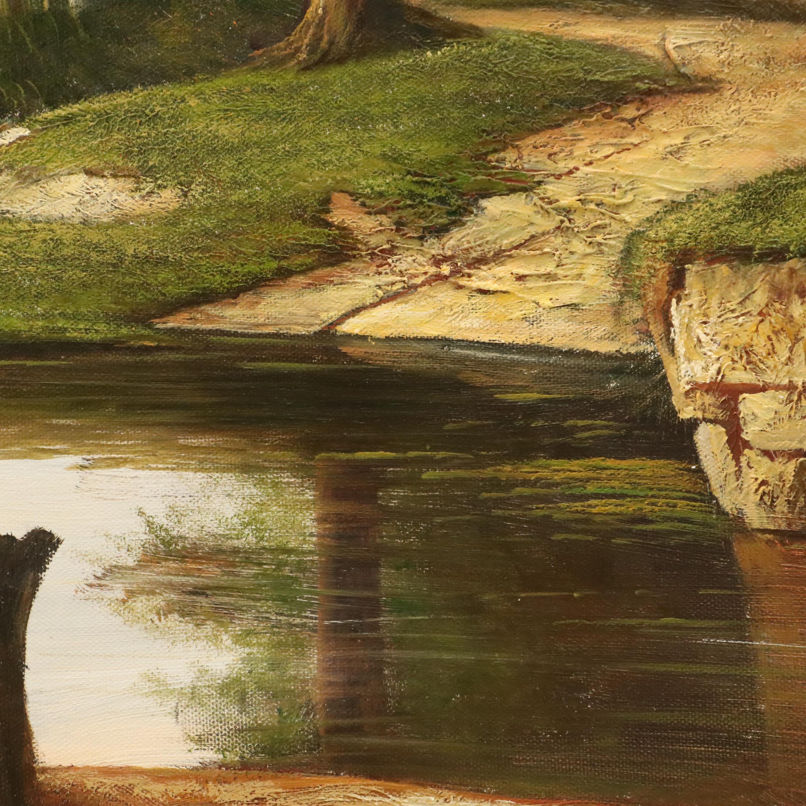 E. Samuel Landscape Oil Painting of Pond with Rubble