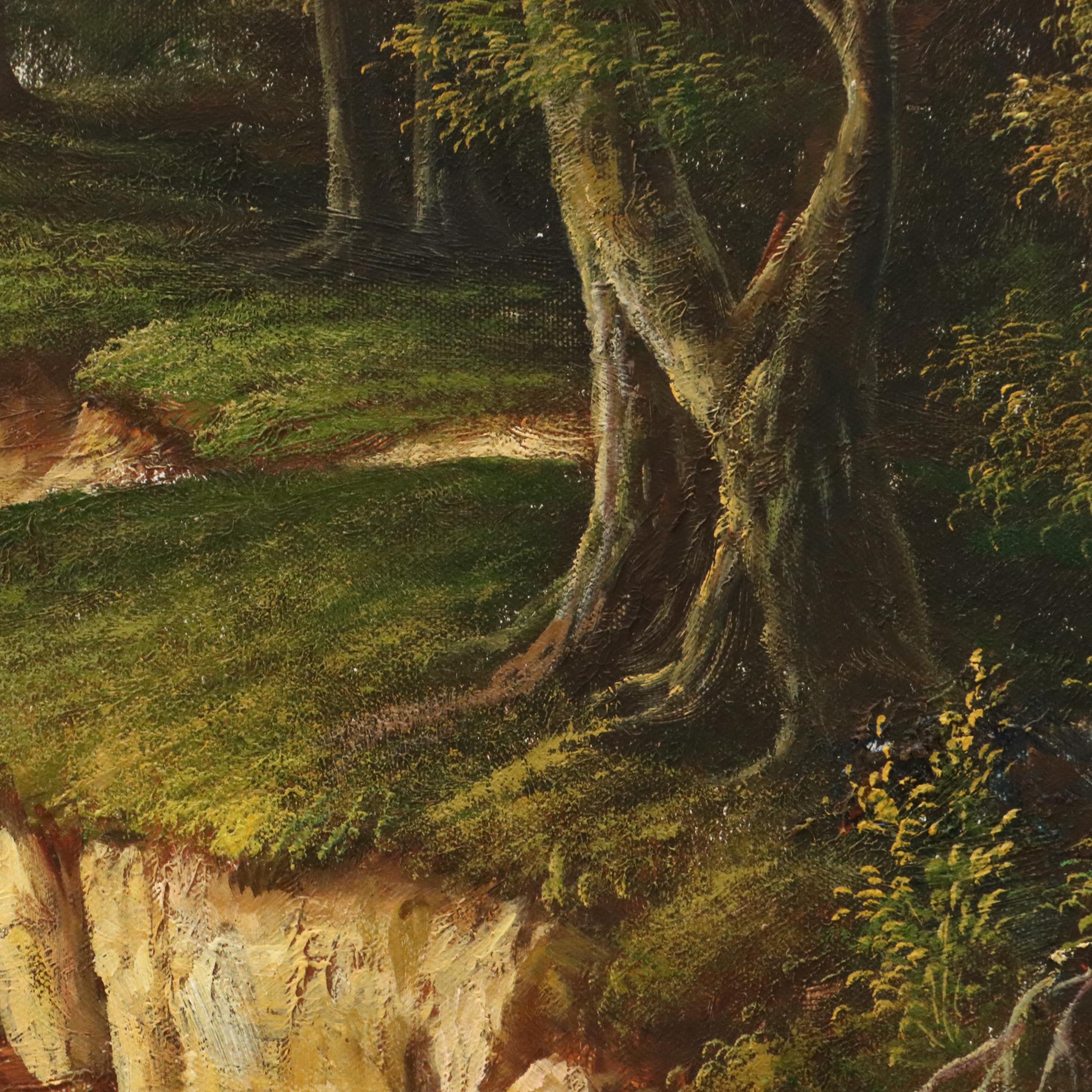 E. Samuel Landscape Oil Painting of Pond with Rubble