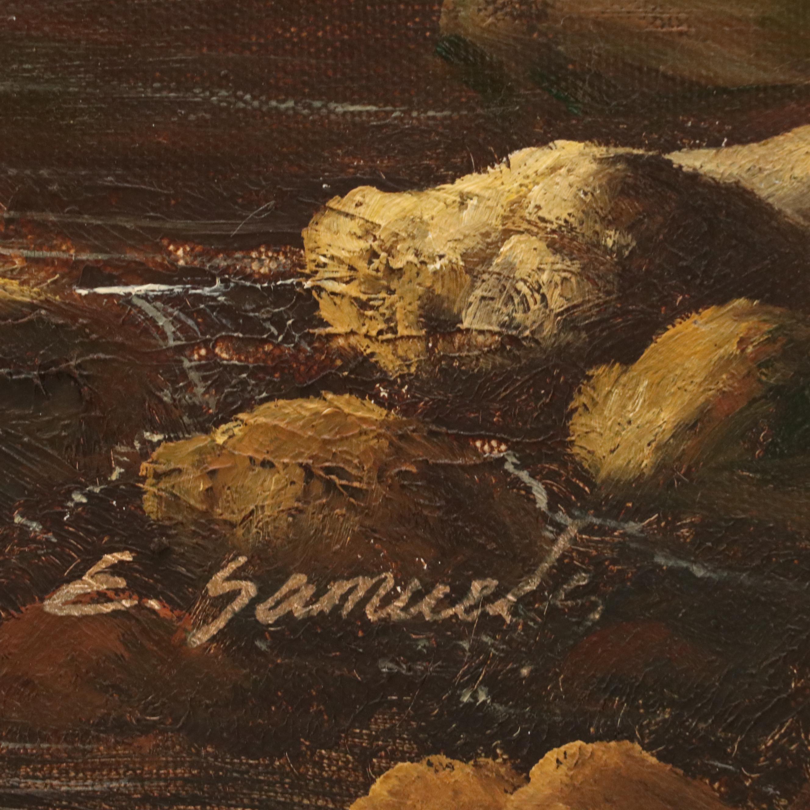 E. Samuel Landscape Oil Painting of Pond with Rubble