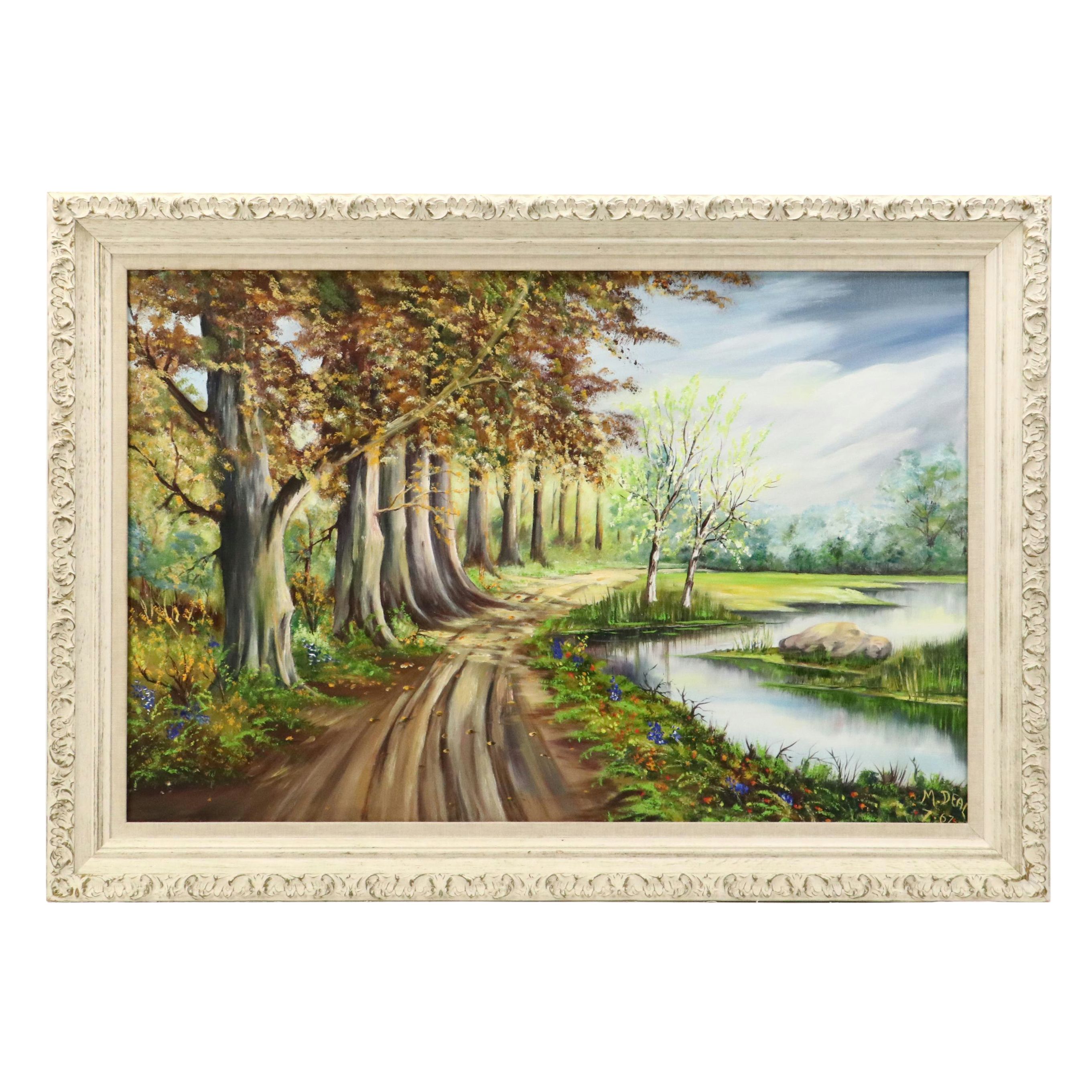 M. Deal Landscape Oil Painting of Tree Lined Dirt Road and Stream, 1967