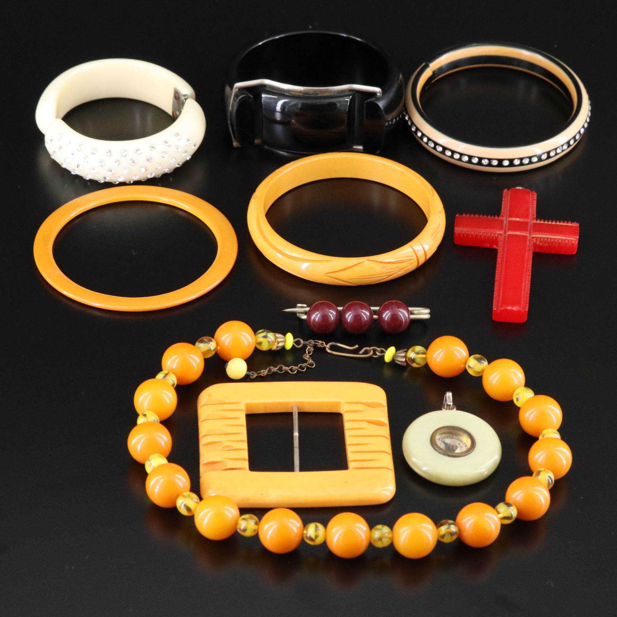 Early Plastic Jewelry Collection Including Bakelite and Celluloid