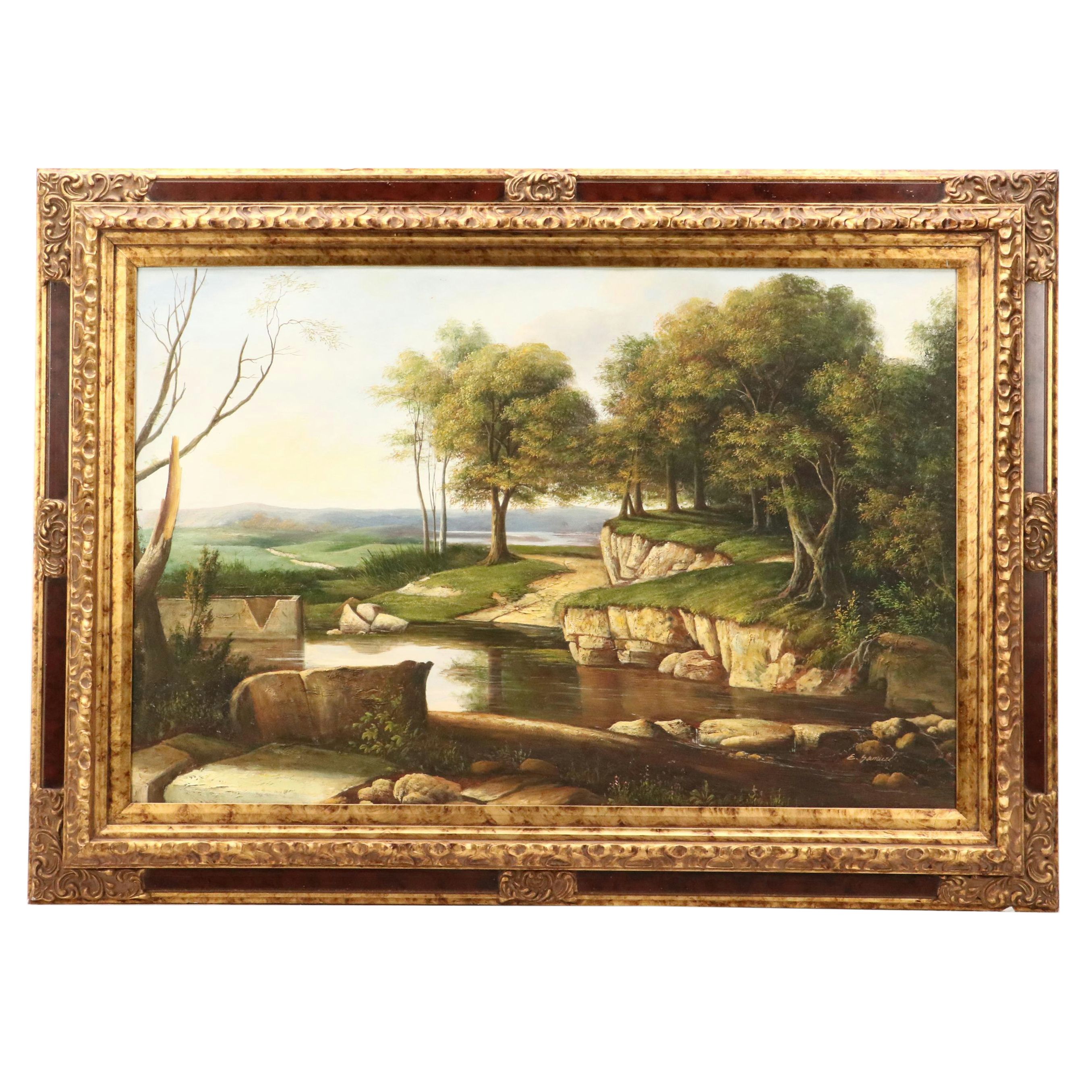 E. Samuel Landscape Oil Painting of Pond with Rubble