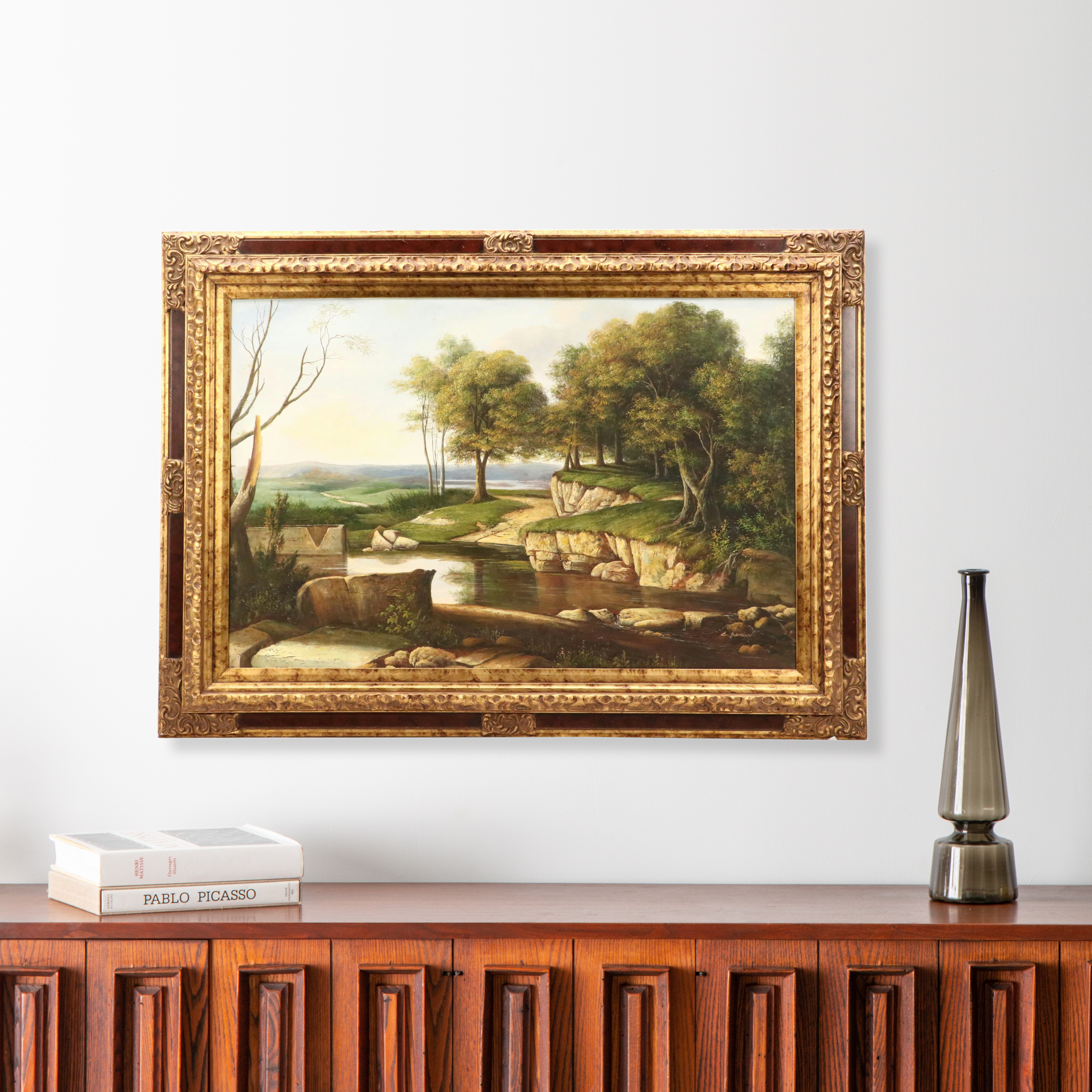 E. Samuel Landscape Oil Painting of Pond with Rubble