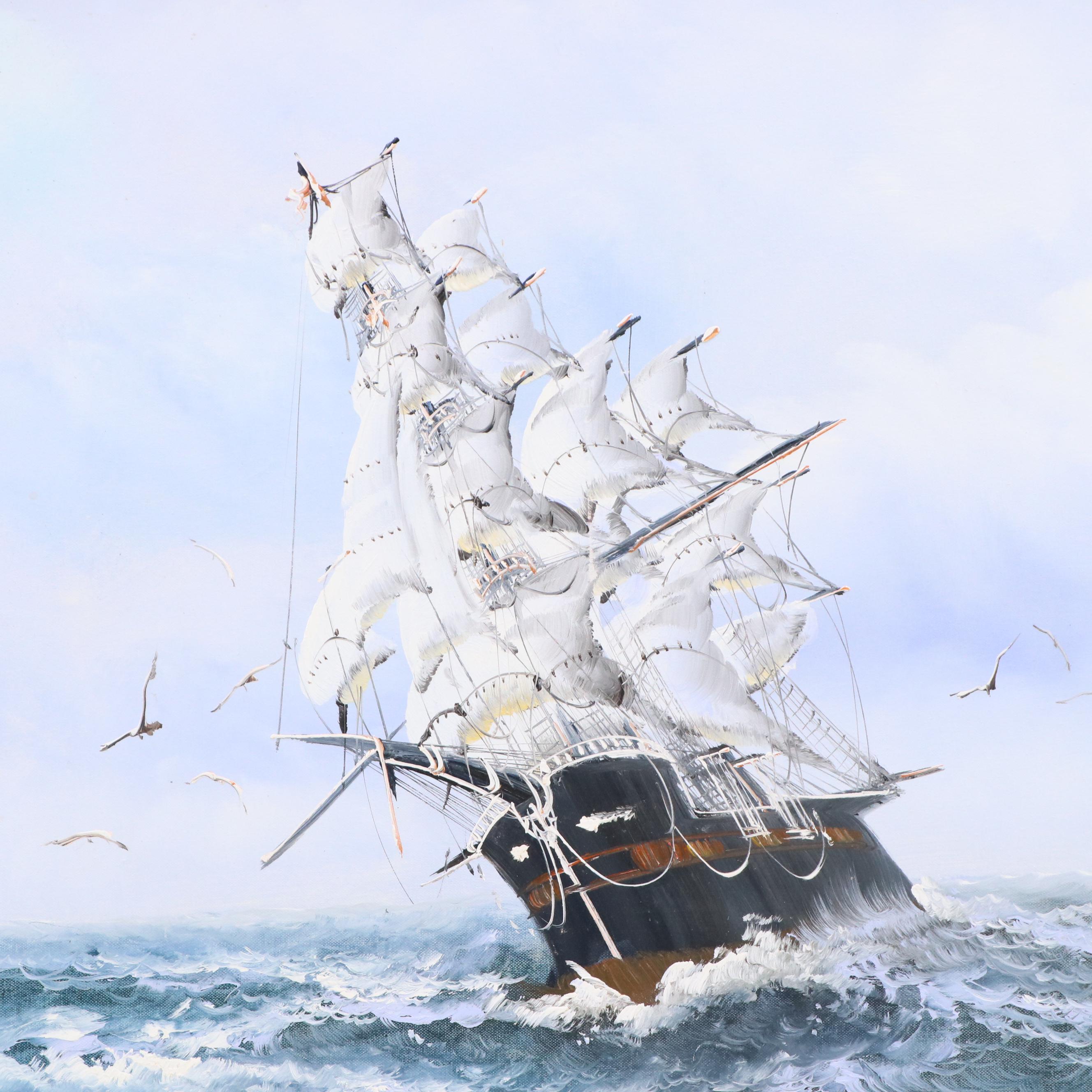 Seaman Oil Painting of Nautical Scene With Ship, Mid-to-Late 20th Century