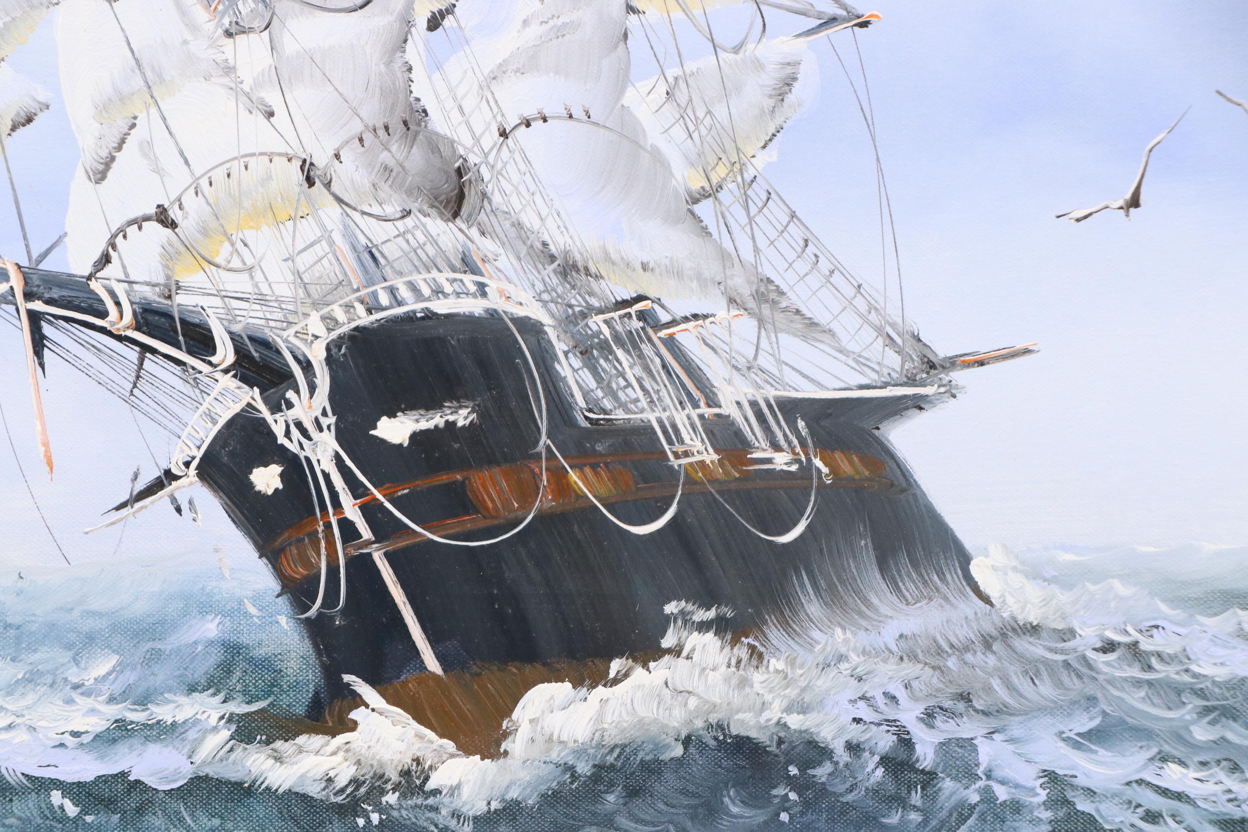 Seaman Oil Painting of Nautical Scene With Ship, Mid-to-Late 20th Century