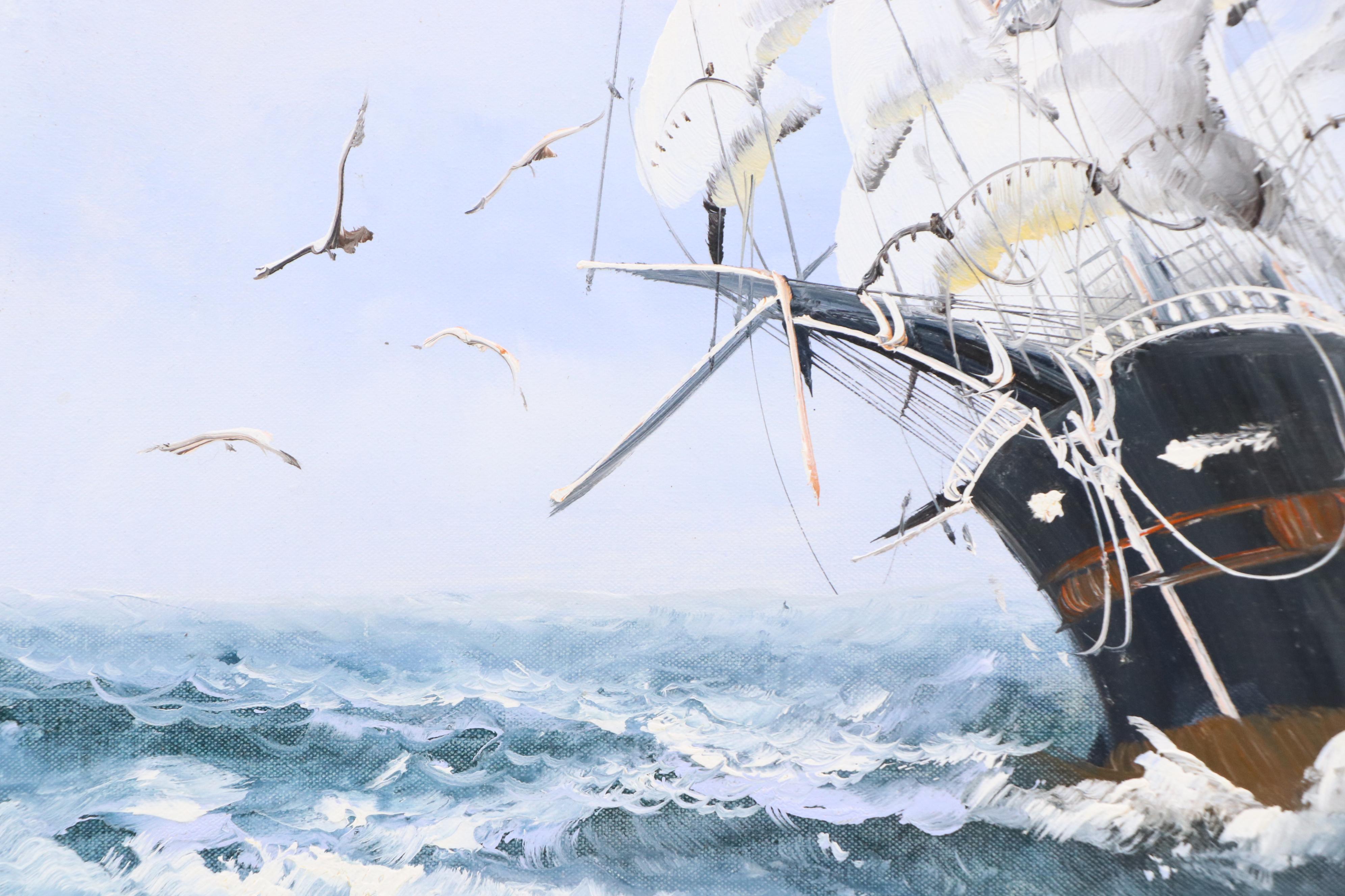 Seaman Oil Painting of Nautical Scene With Ship, Mid-to-Late 20th Century