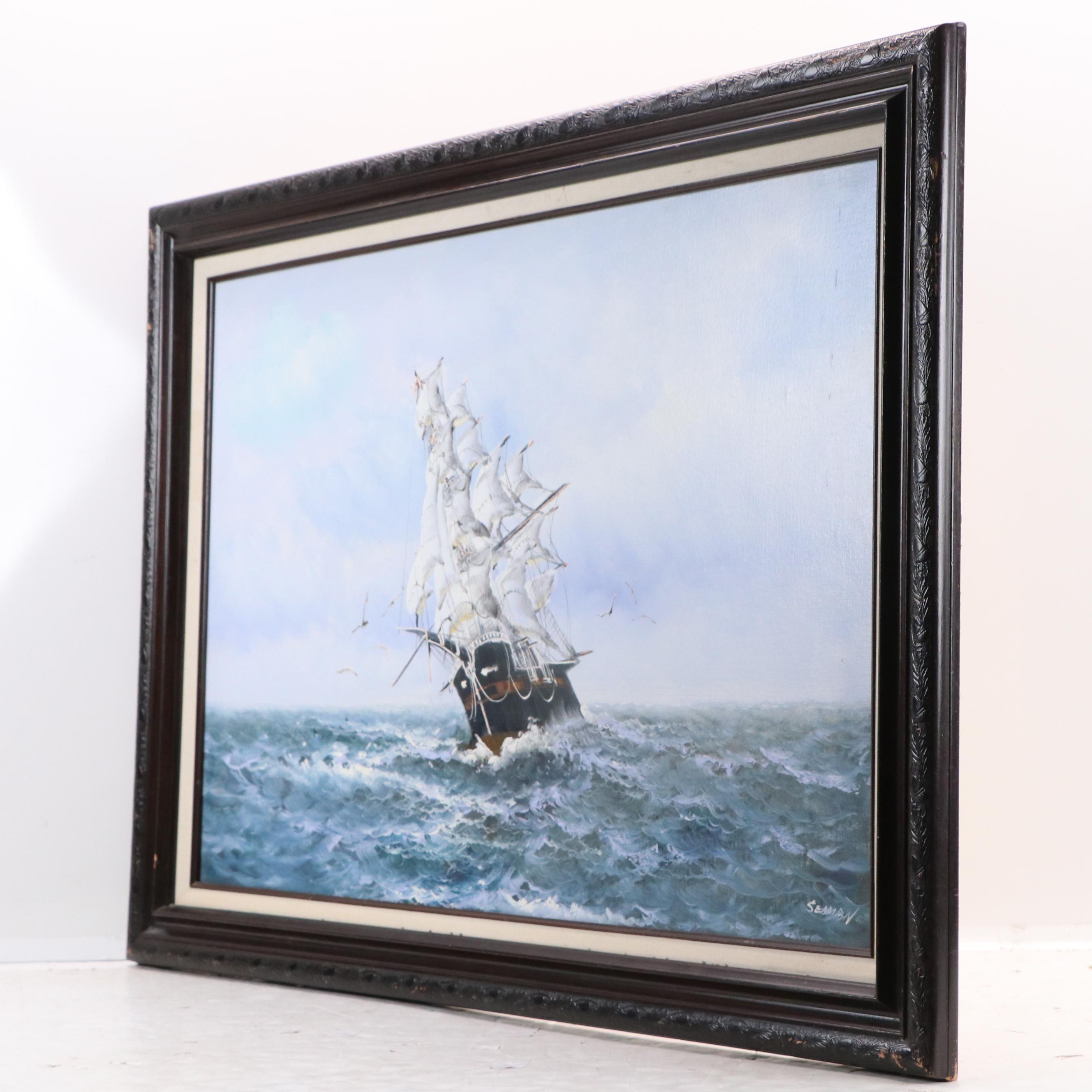 Seaman Oil Painting of Nautical Scene With Ship, Mid-to-Late 20th Century