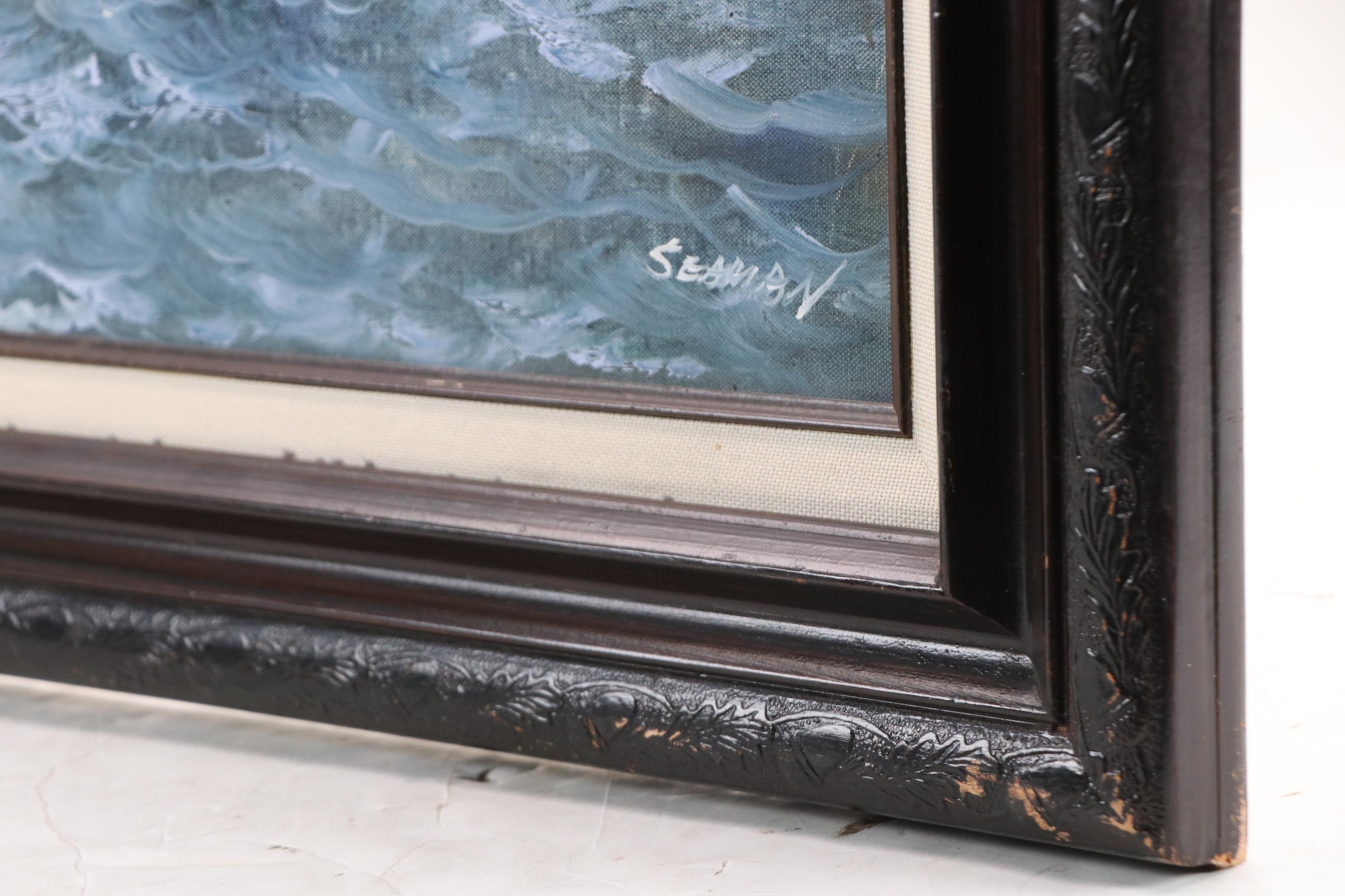 Seaman Oil Painting of Nautical Scene With Ship, Mid-to-Late 20th Century