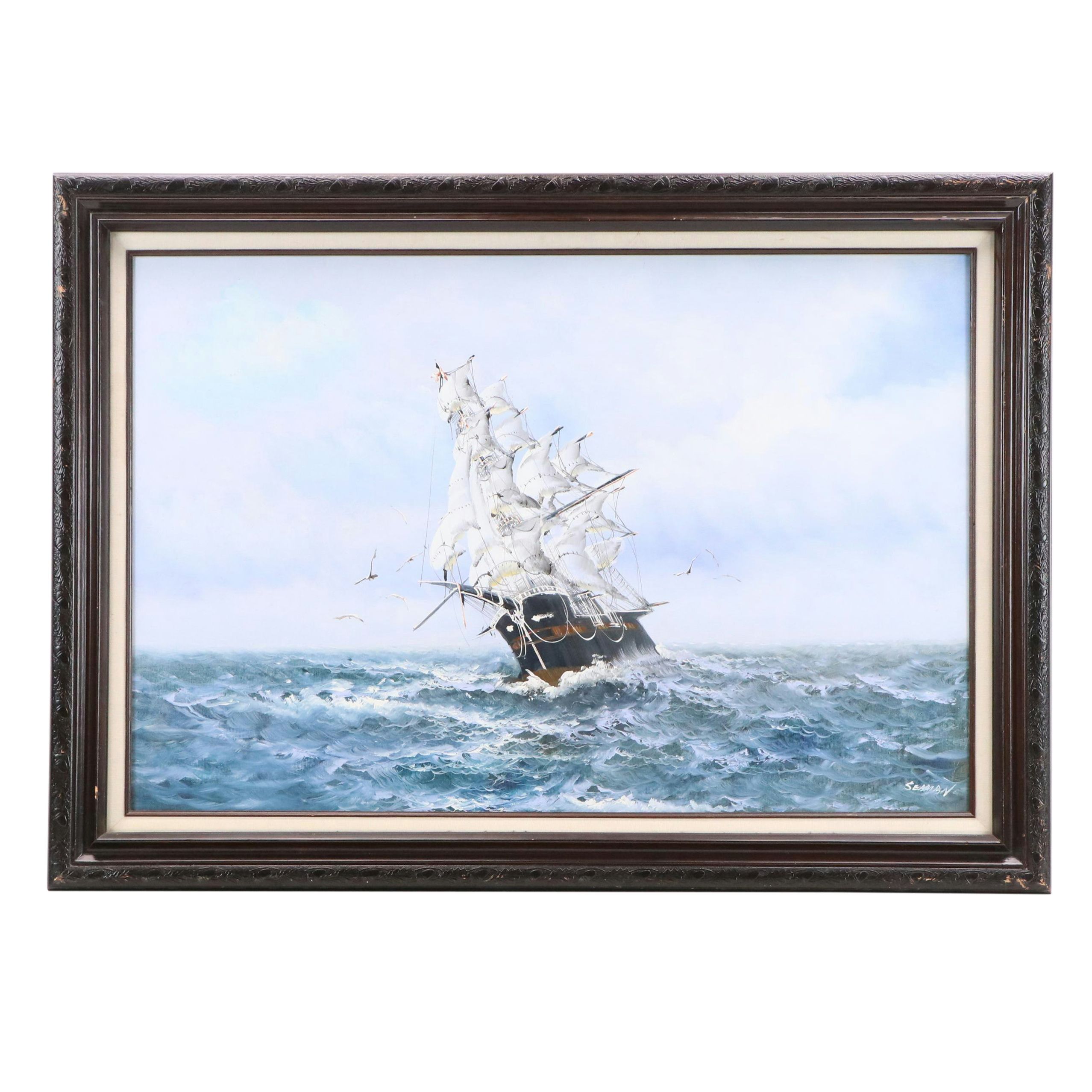 Seaman Oil Painting of Nautical Scene With Ship, Mid-to-Late 20th Century