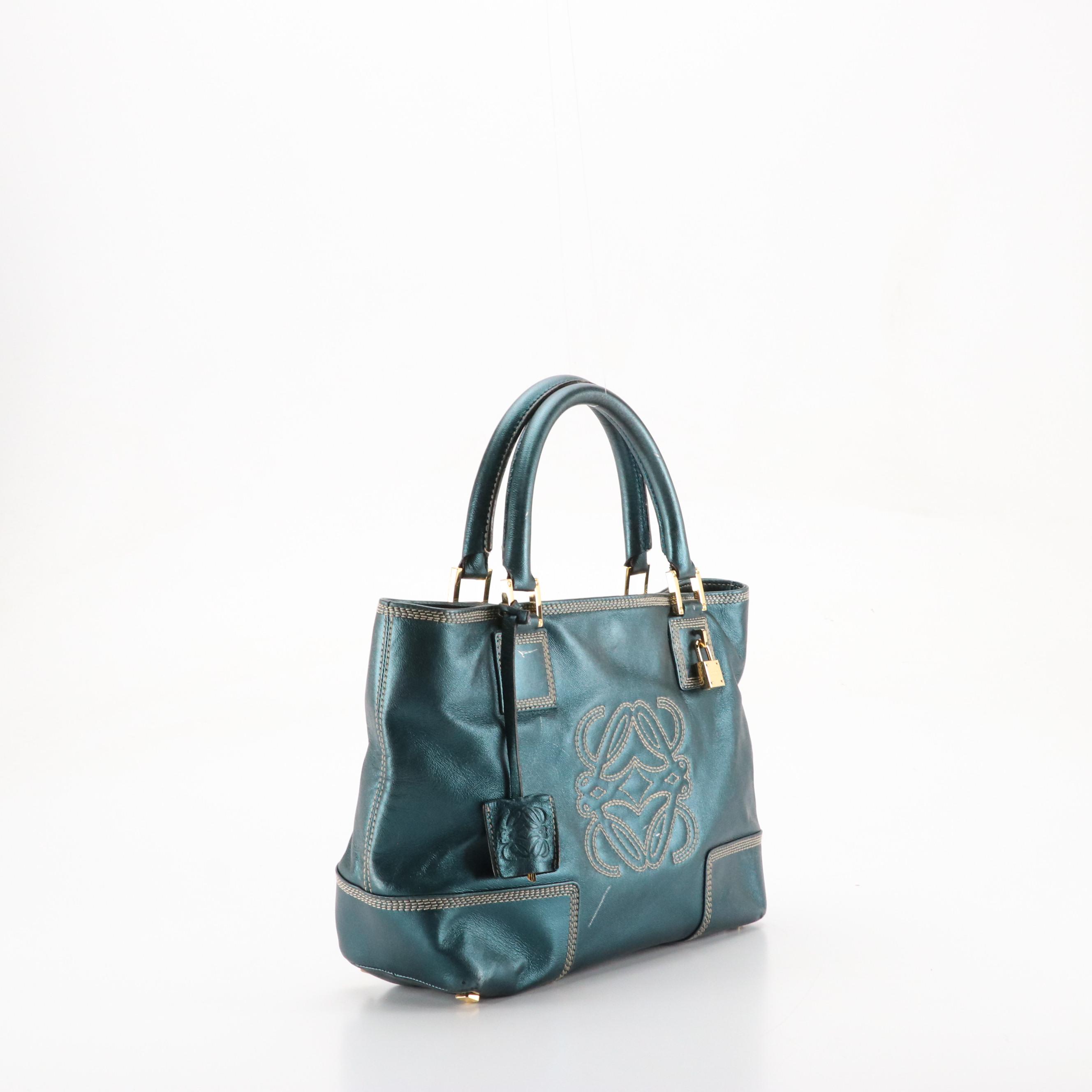 Loewe Anagram Stitched Tote Bag in Metallic Turquoise Leather
