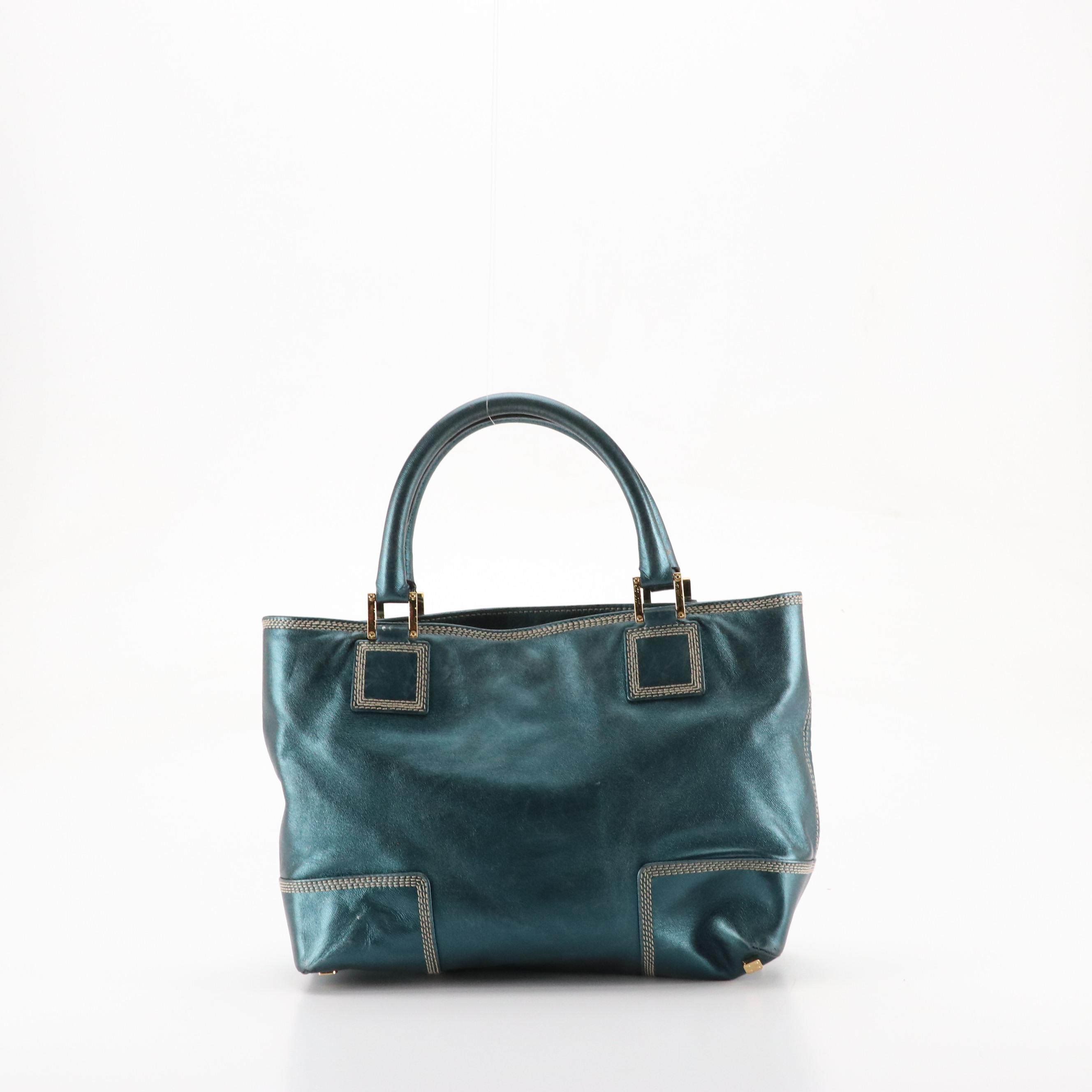 Loewe Anagram Stitched Tote Bag in Metallic Turquoise Leather
