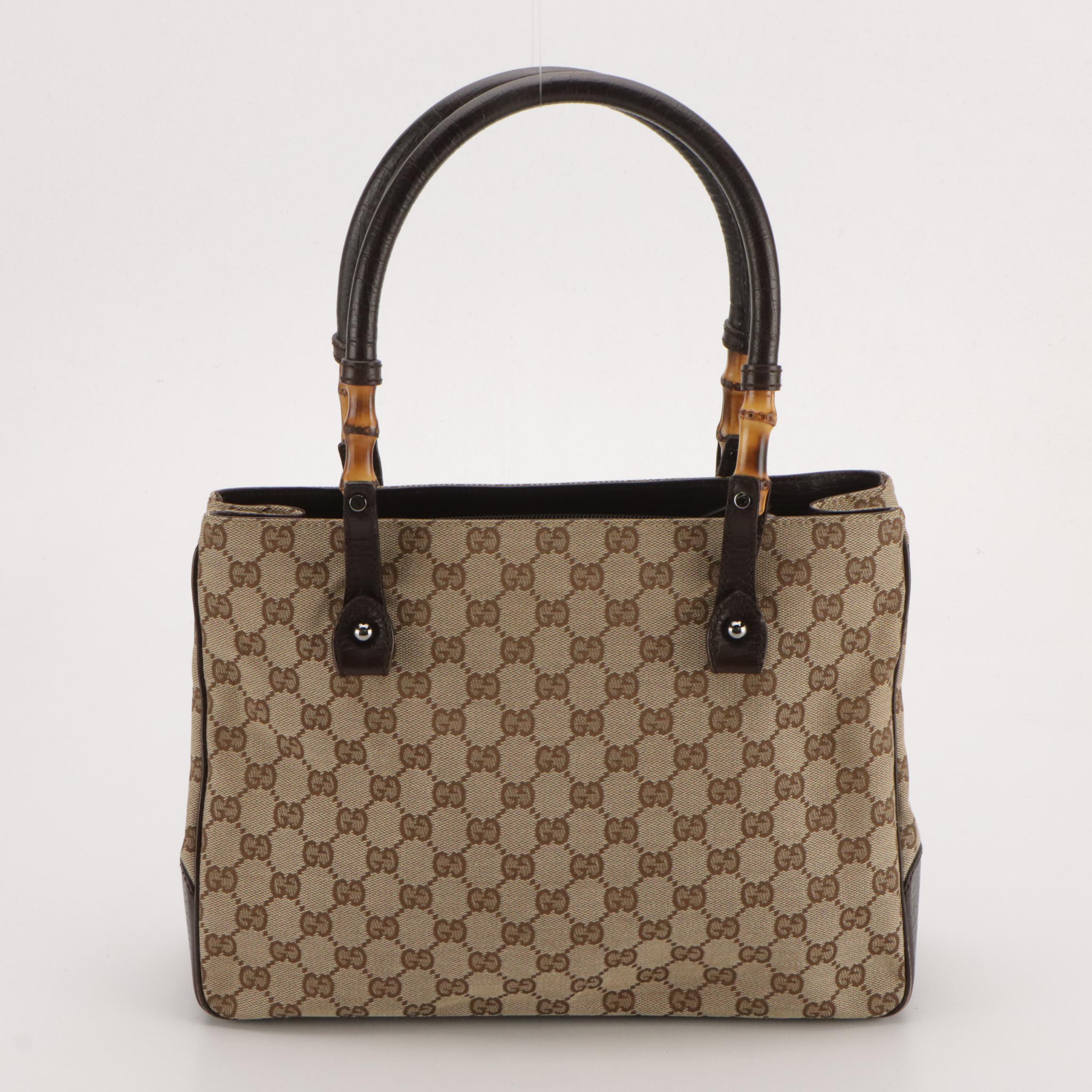 Gucci Bamboo GG Canvas and Textured Leather Tote