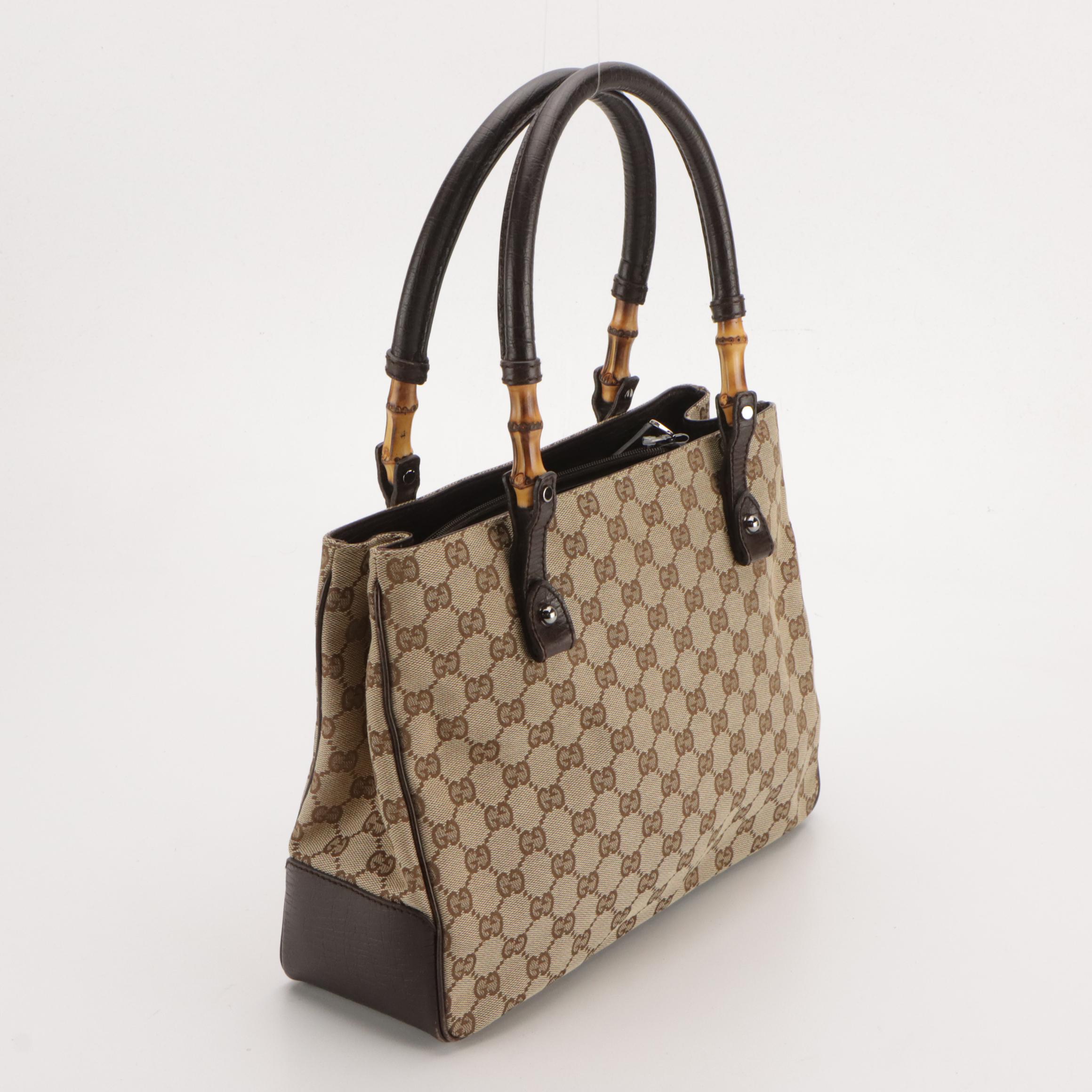 Gucci Bamboo GG Canvas and Textured Leather Tote