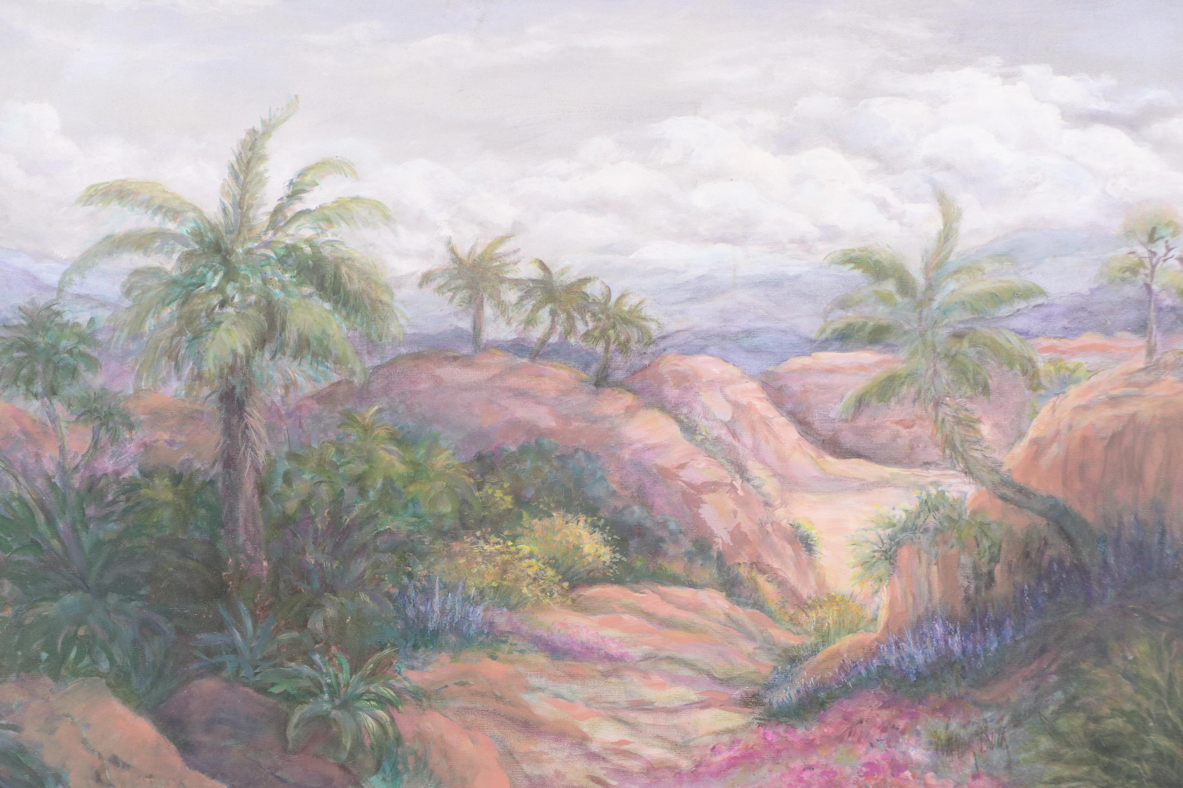 Stormy Tropical Landscape Oil Painting, Circa 1970