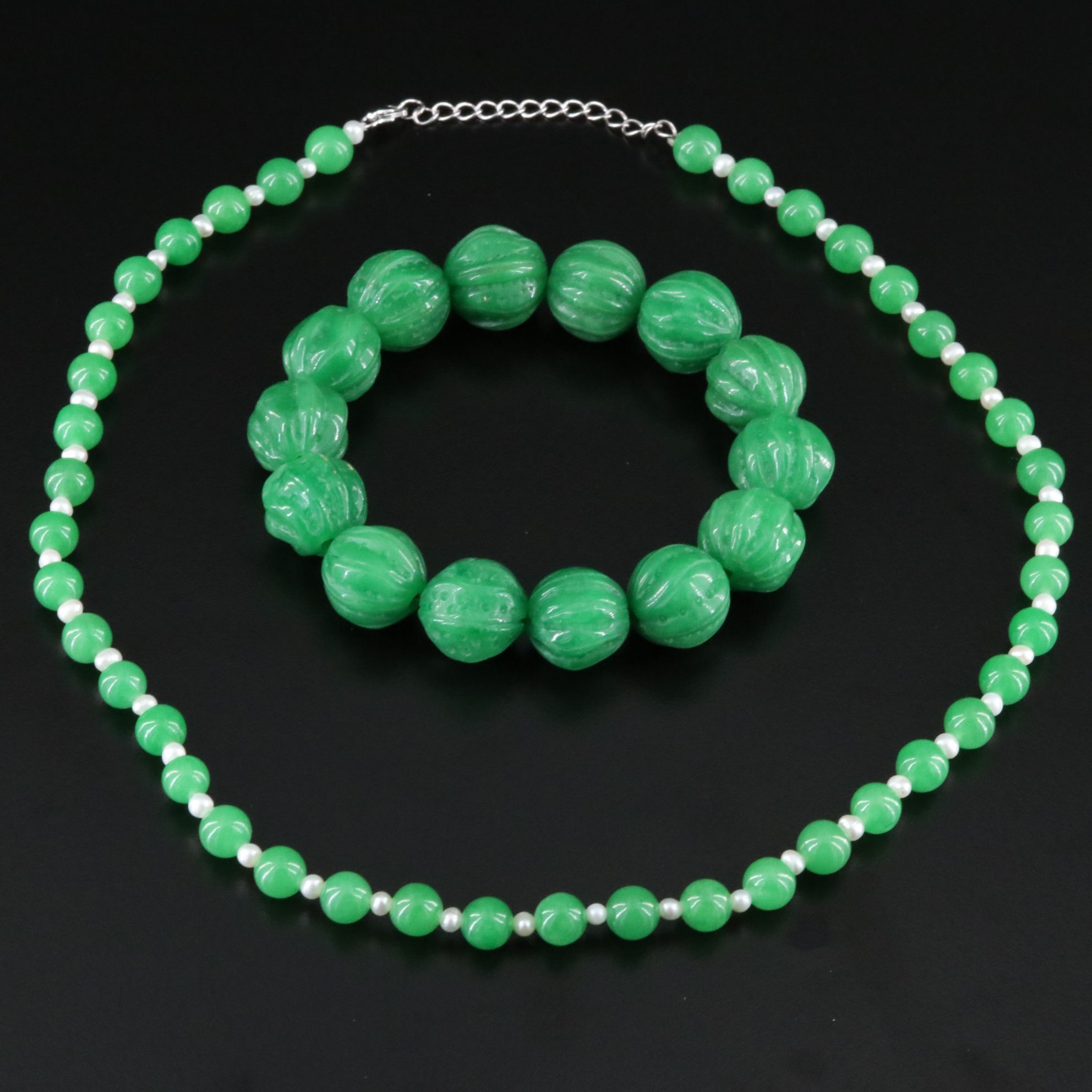 Jadeite Necklace and Bracelet with Pearls