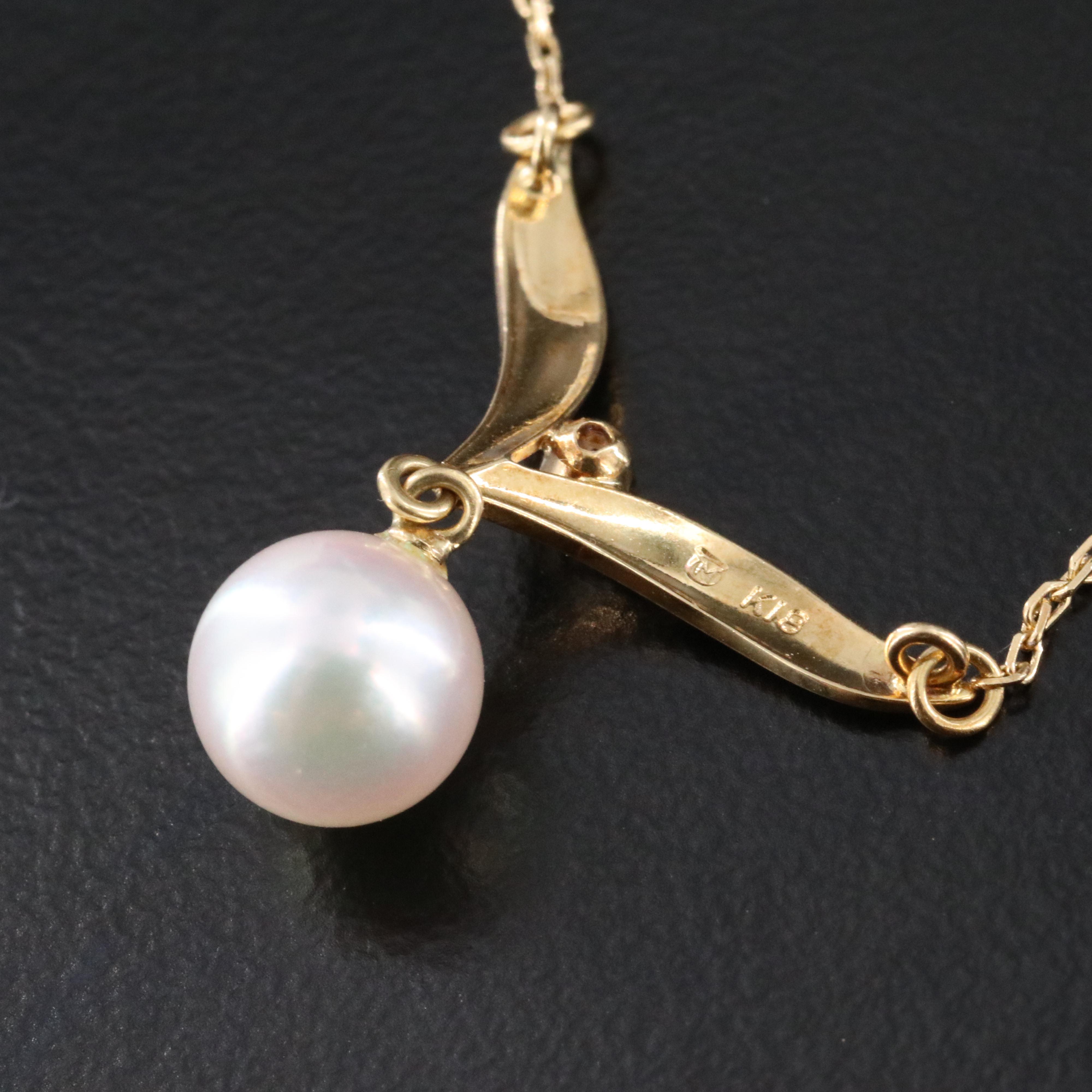 Mikimoto 18K Pearl Drop Chevron Necklace