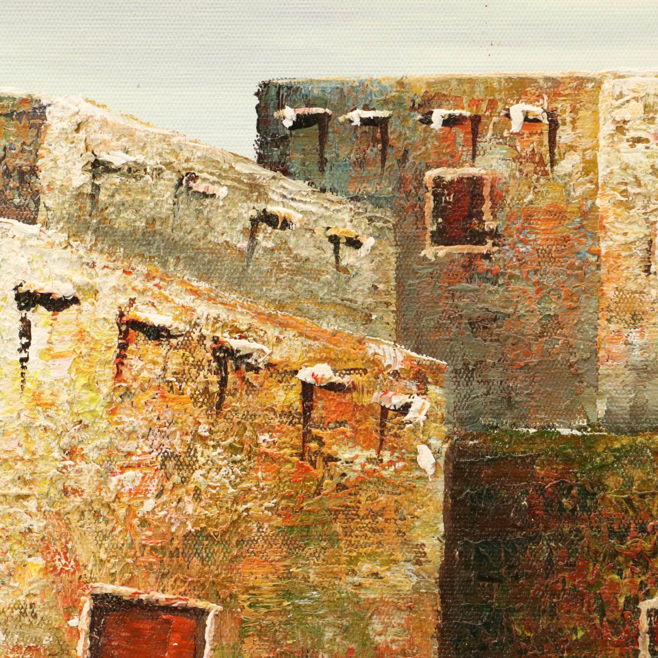 Impasto Oil Painting of Southwestern Landscape with Pueblo Buildings