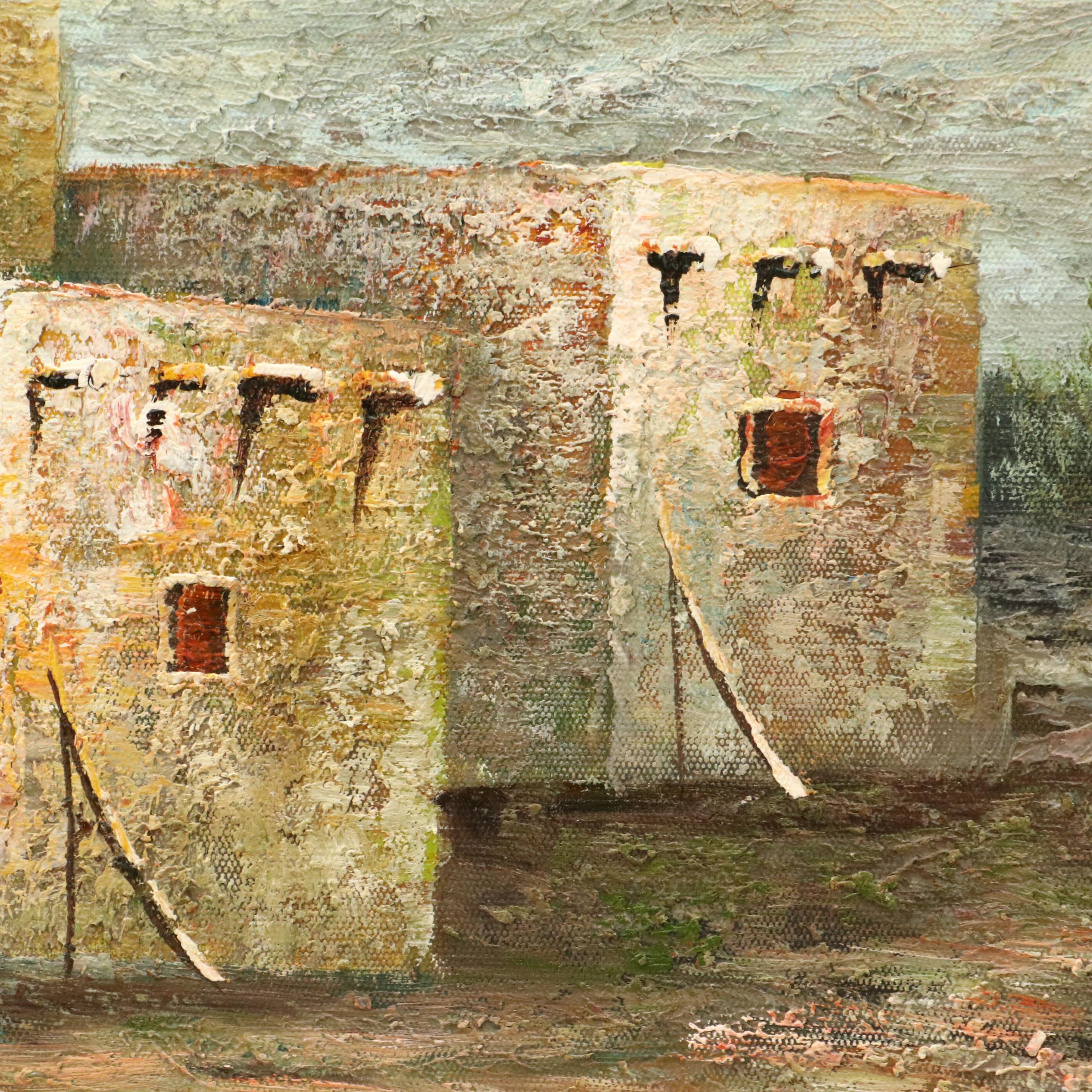 Impasto Oil Painting of Southwestern Landscape with Pueblo Buildings