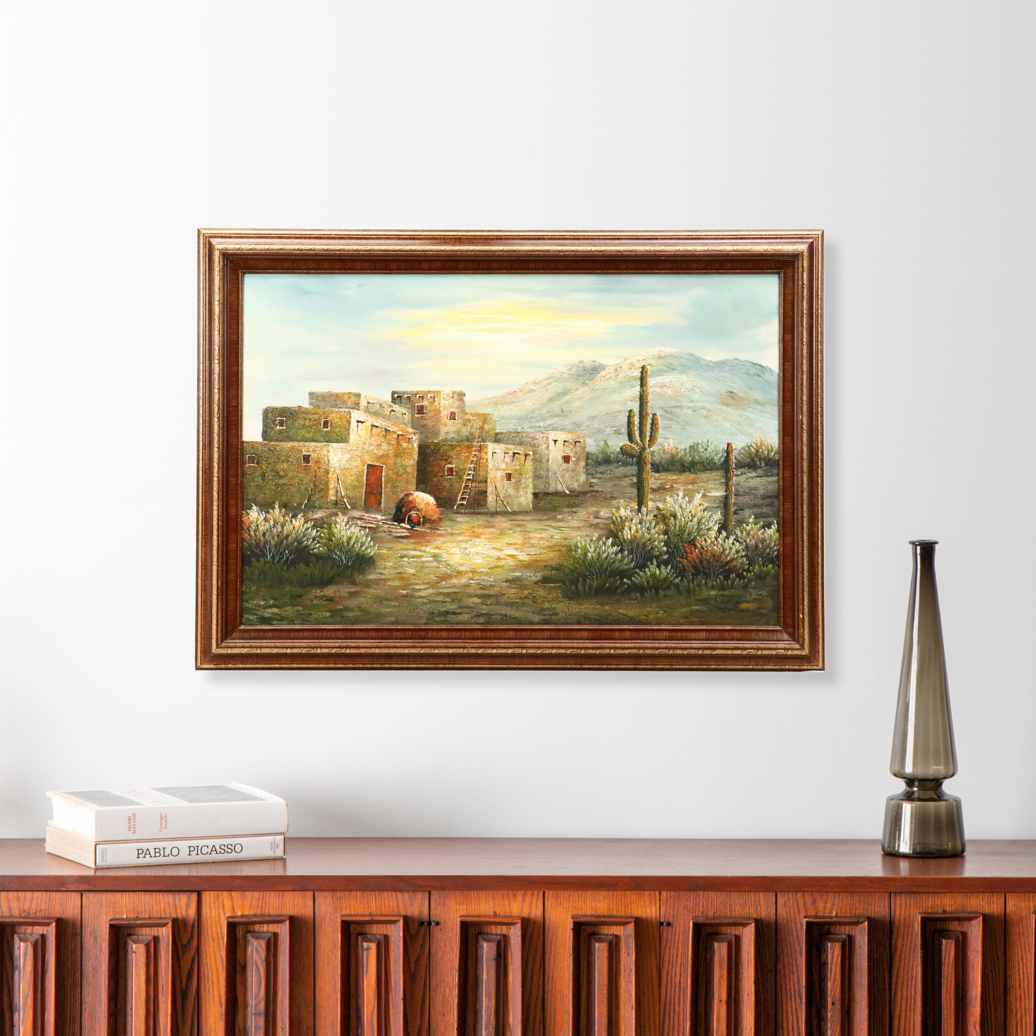 Impasto Oil Painting of Southwestern Landscape with Pueblo Buildings