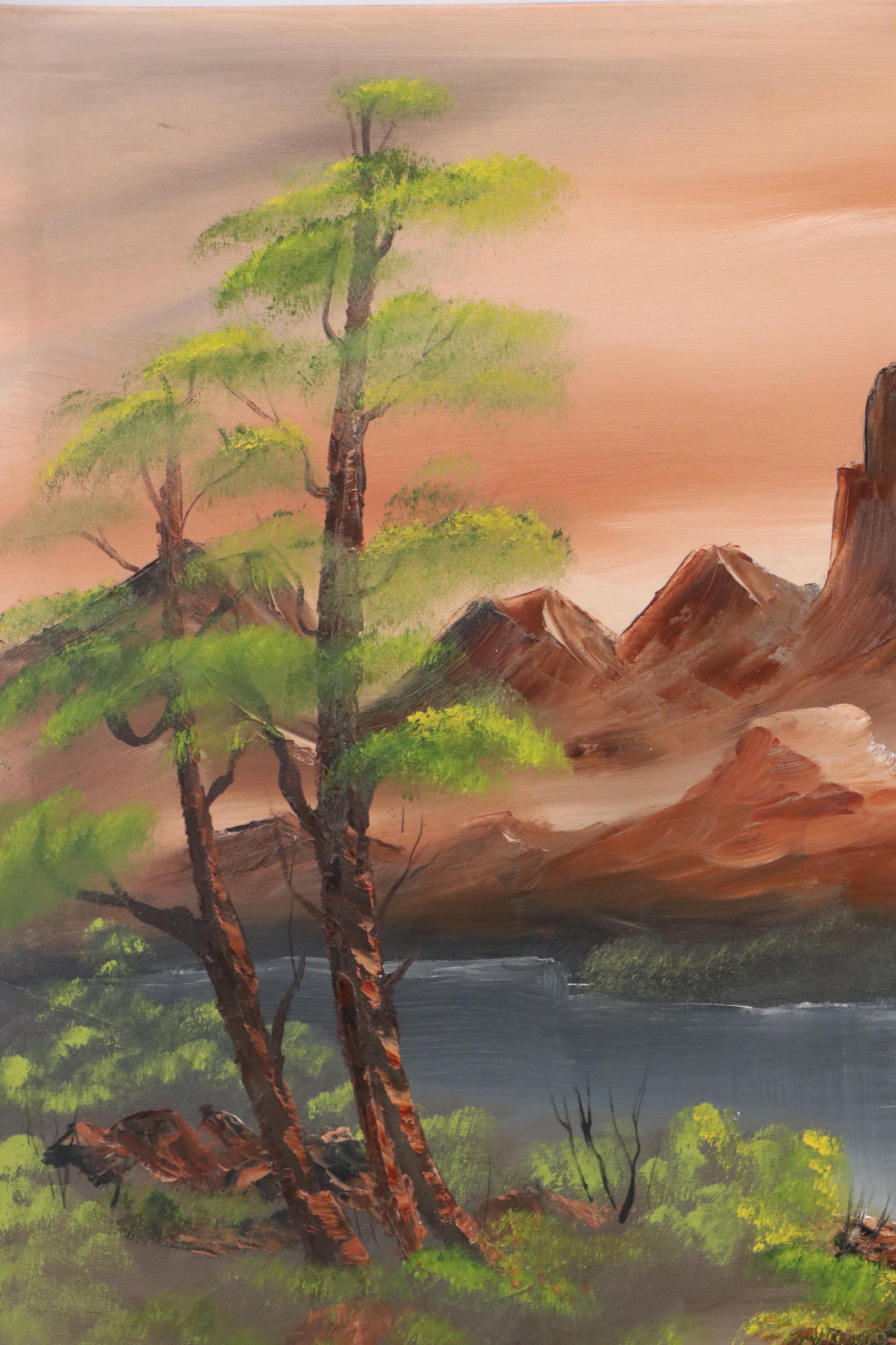 Mountain Lake Landscape Oil Painting, Late 20th Century