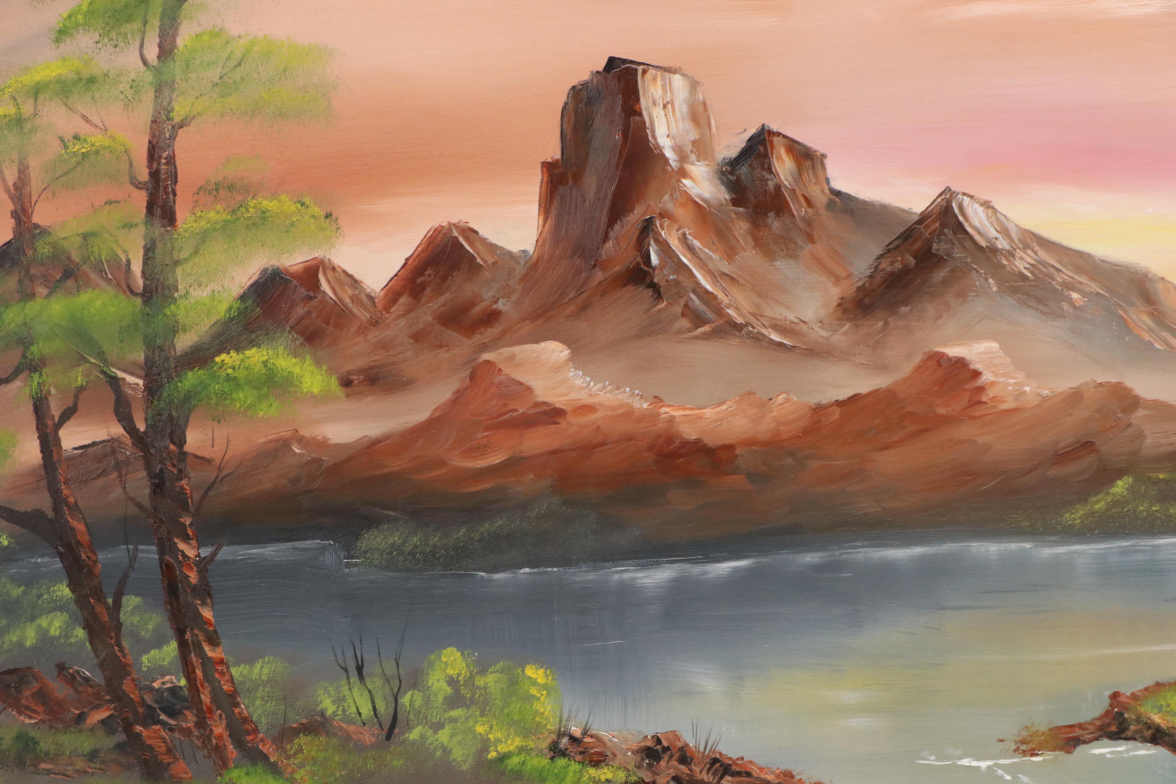 Mountain Lake Landscape Oil Painting, Late 20th Century