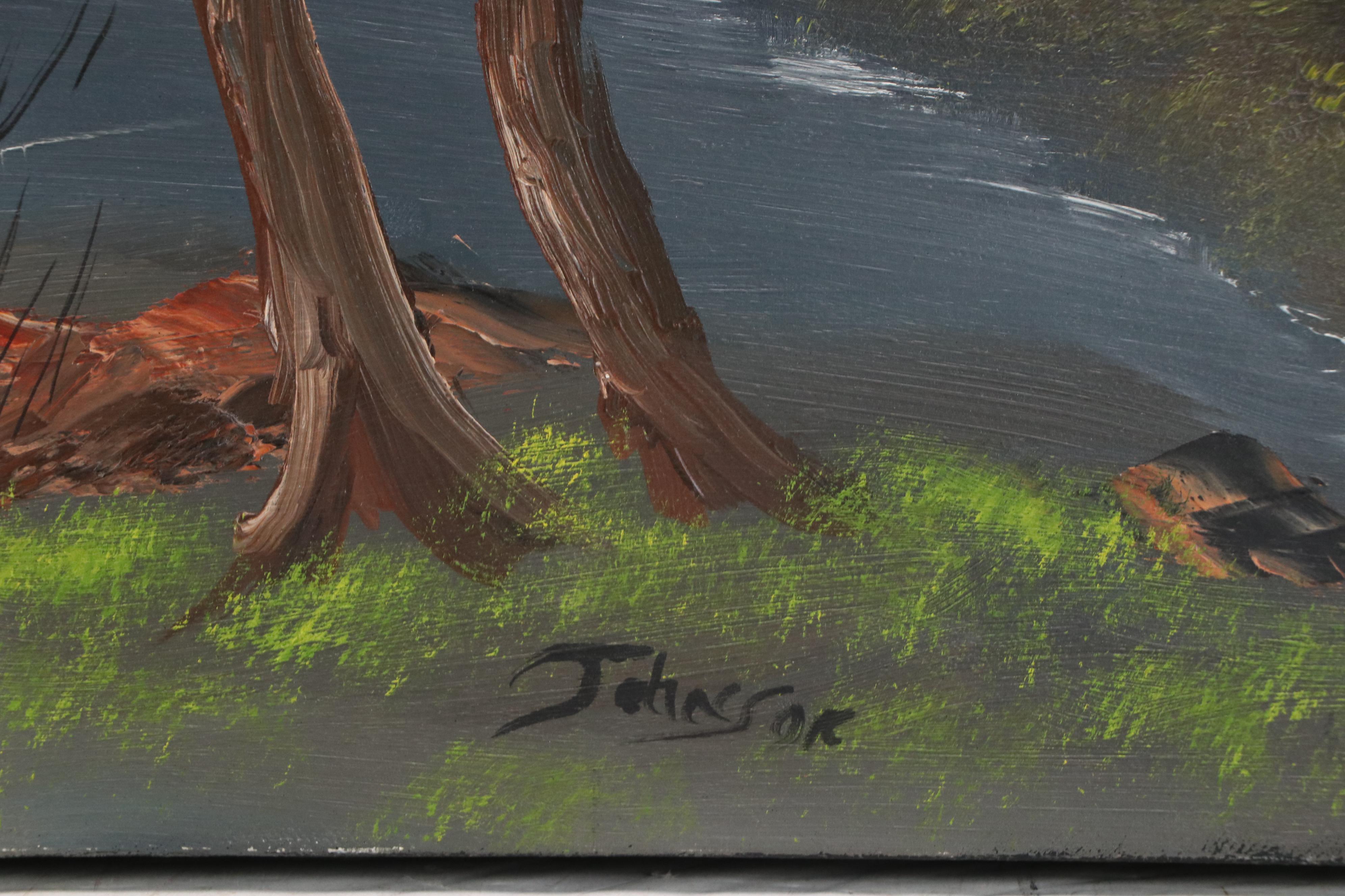 Mountain Lake Landscape Oil Painting, Late 20th Century