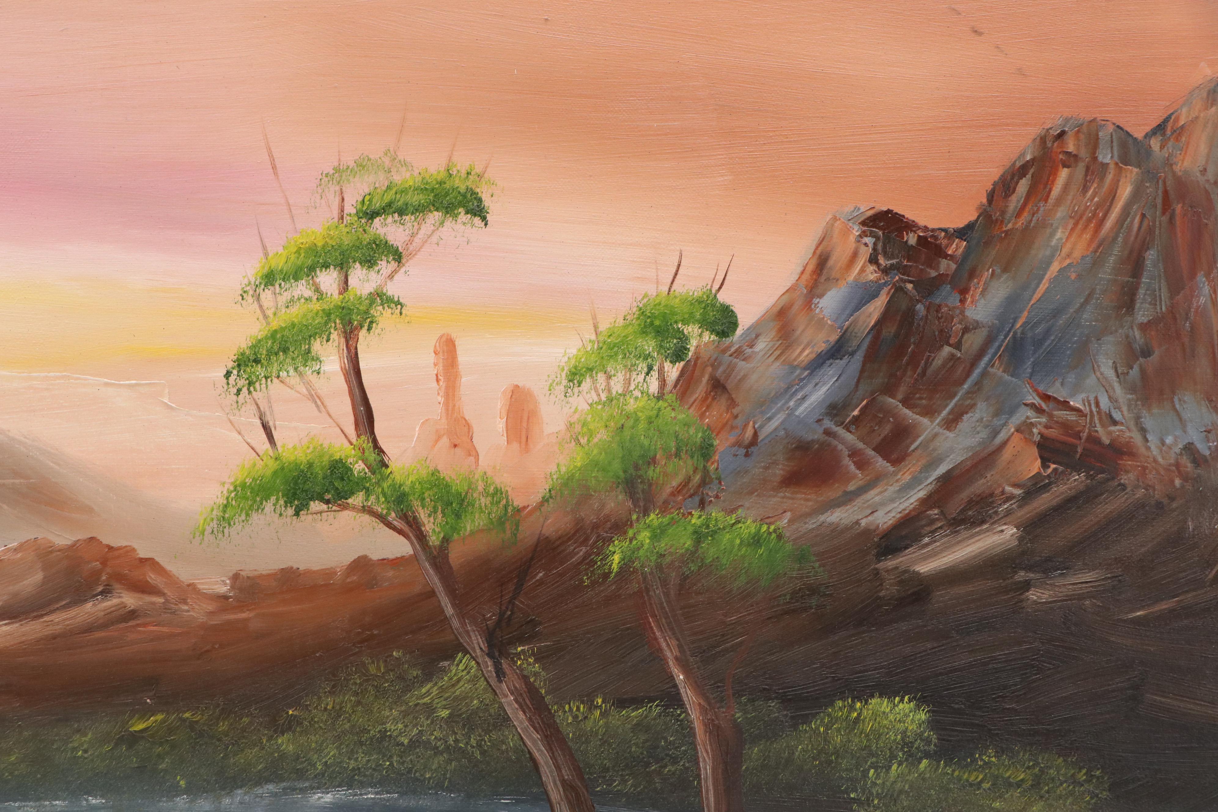 Mountain Lake Landscape Oil Painting, Late 20th Century