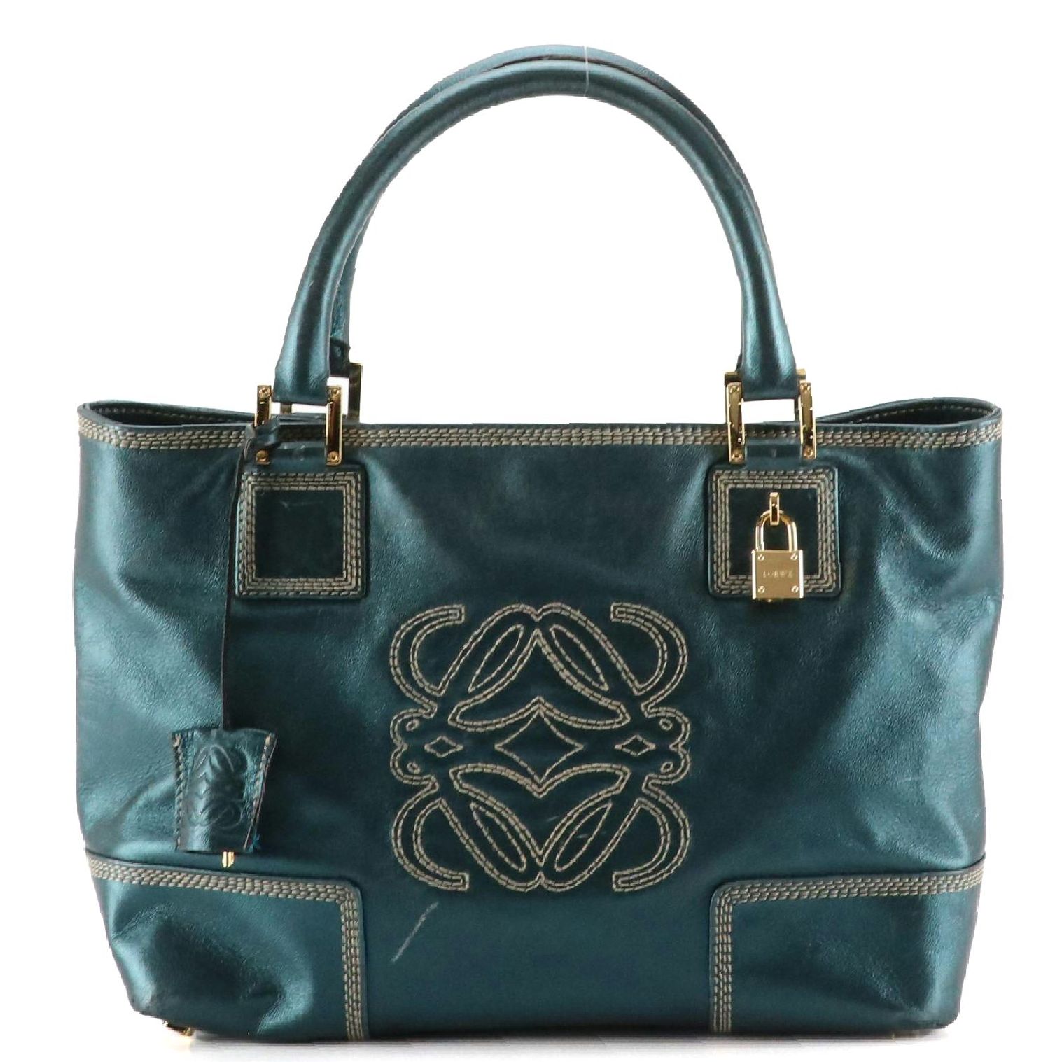 Loewe Anagram Stitched Tote Bag in Metallic Turquoise Leather